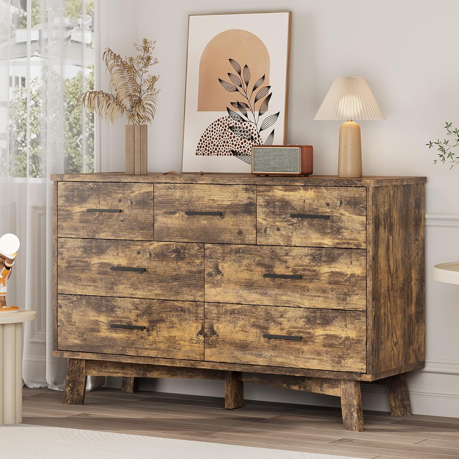 FANRAL 6 Drawers Dresser for Bedroom, Modern Chest of Drawers with X-Shaped Sturdy Base, Dresser