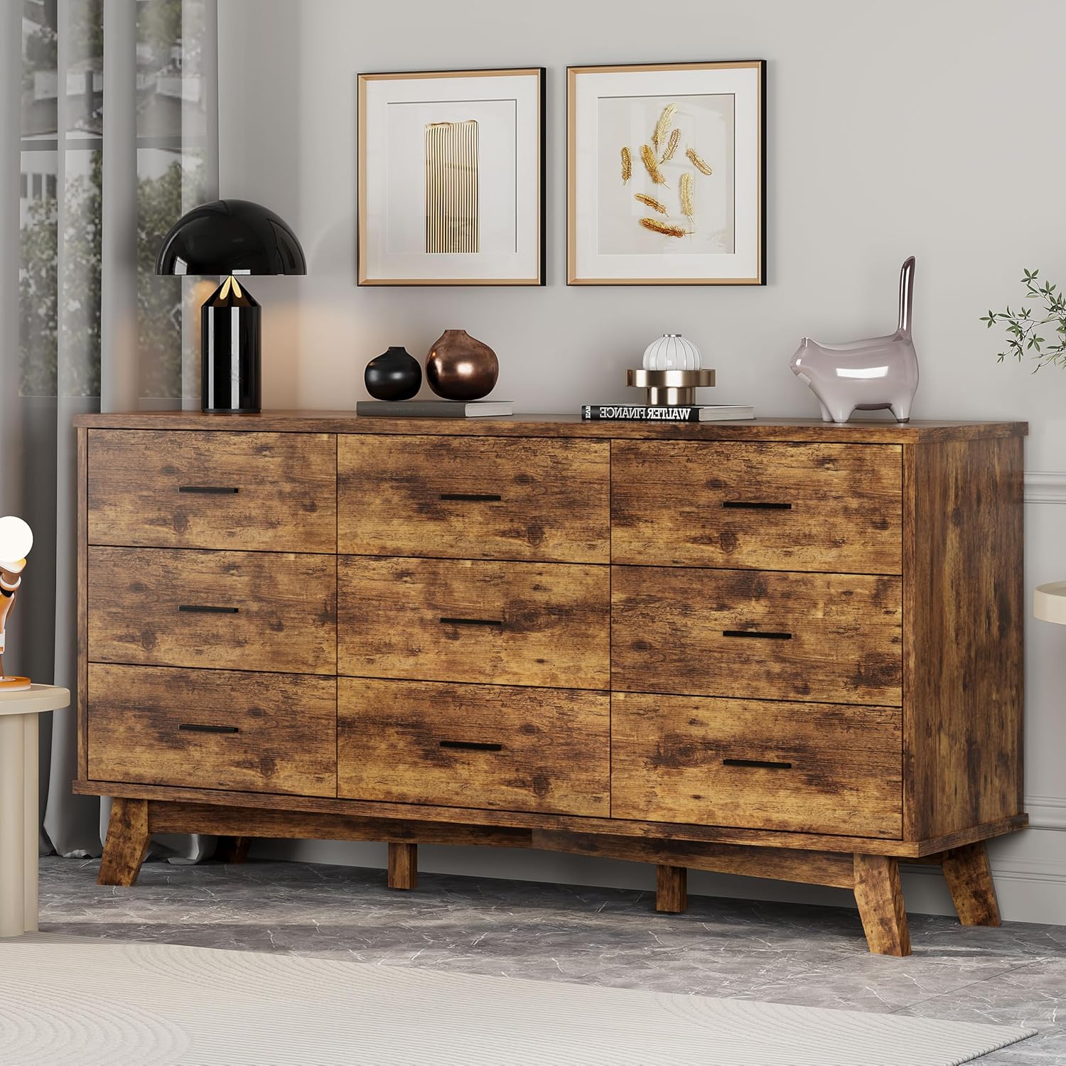 FANRAL 6 Drawers Dresser for Bedroom, Modern Chest of Drawers with X-Shaped Sturdy Base, Dresser