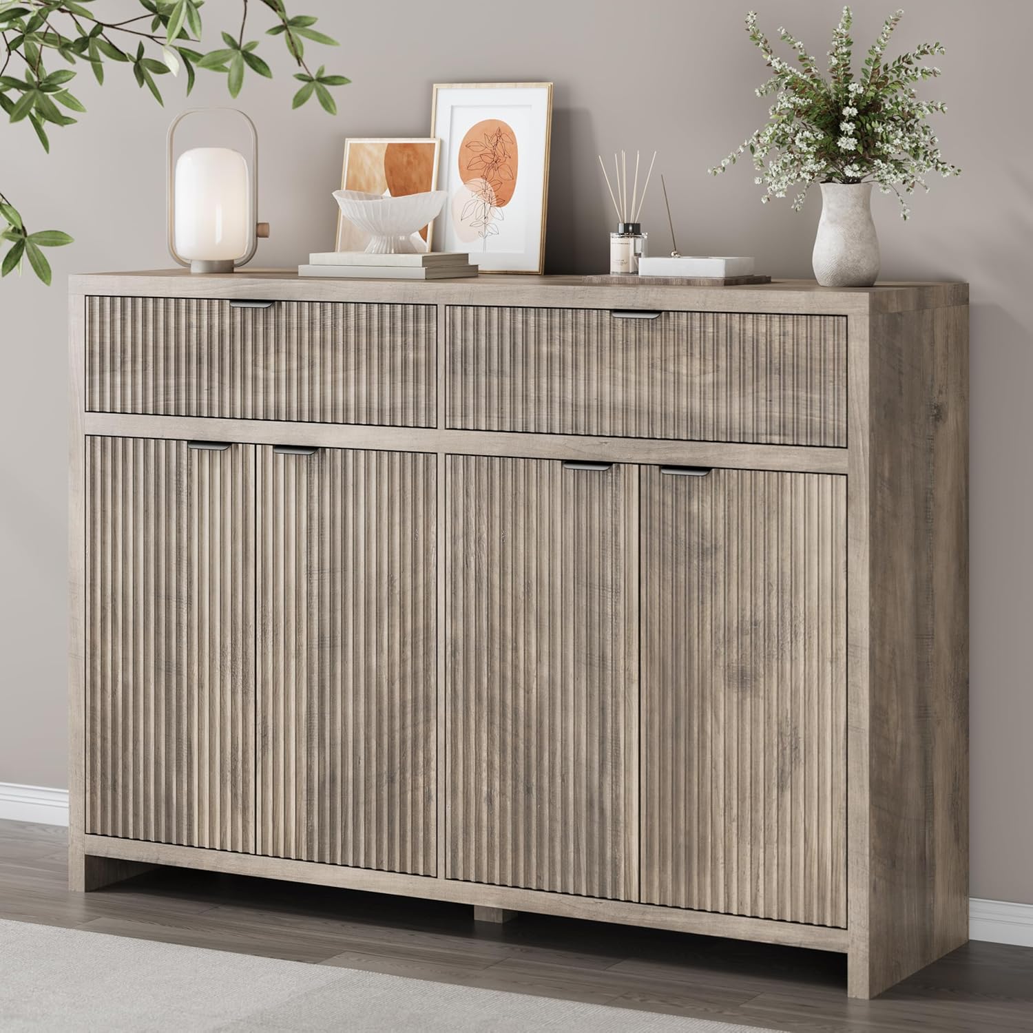 FANRAL 55" Wide Sideboard Buffet Cabinet with 2 Drawers & 4 Doors,Fluted Design with Adjustable Shelves for Living Room Kitchen Dining Room, Storage Cabinet