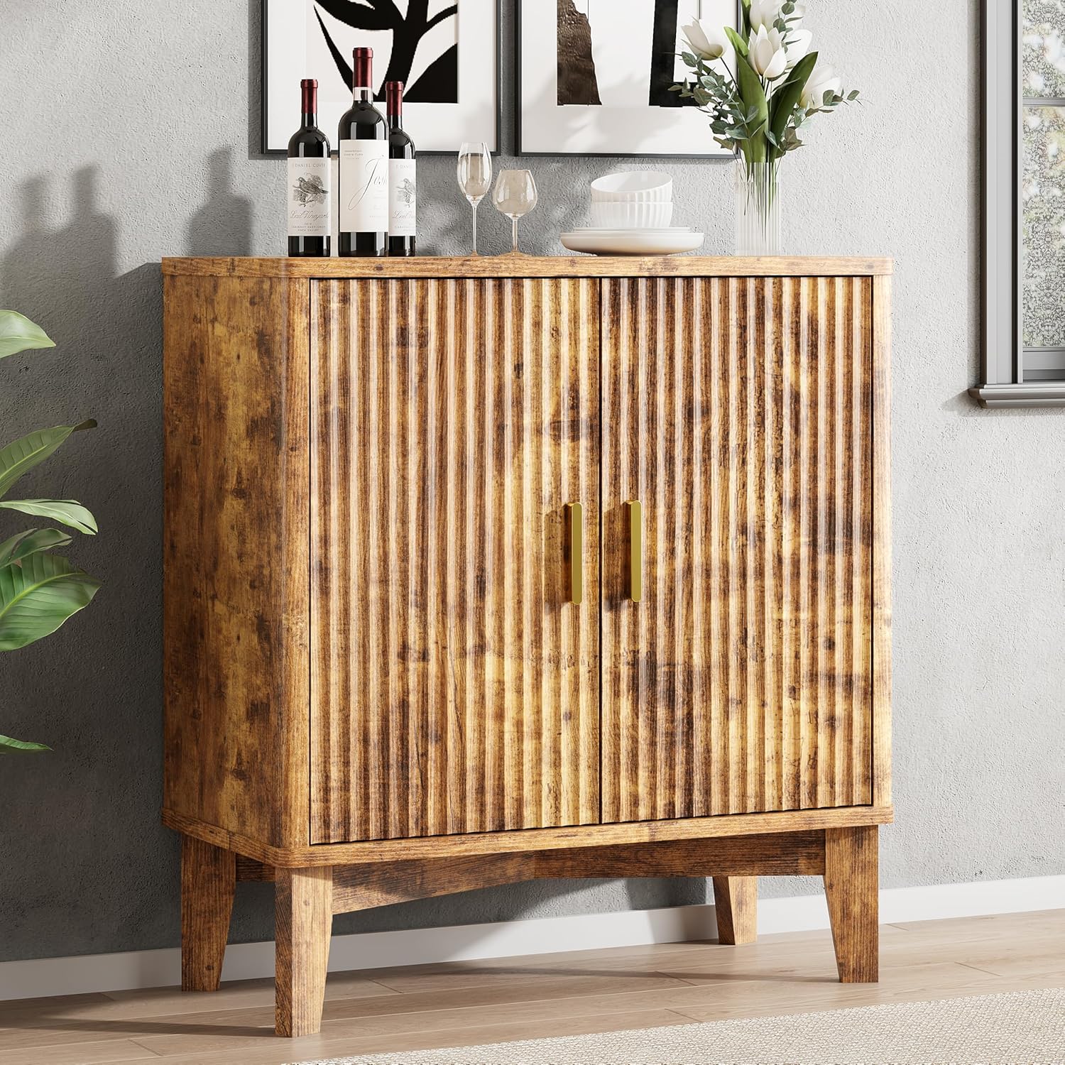 FANRAL 31.5" Wide Fluted Sideboard Buffet Cabinet with Sliding Door,Adjustable Shelves,Multi-Functional Storage Console for Kitchen Dining Room Living Room, Storage Cabinet