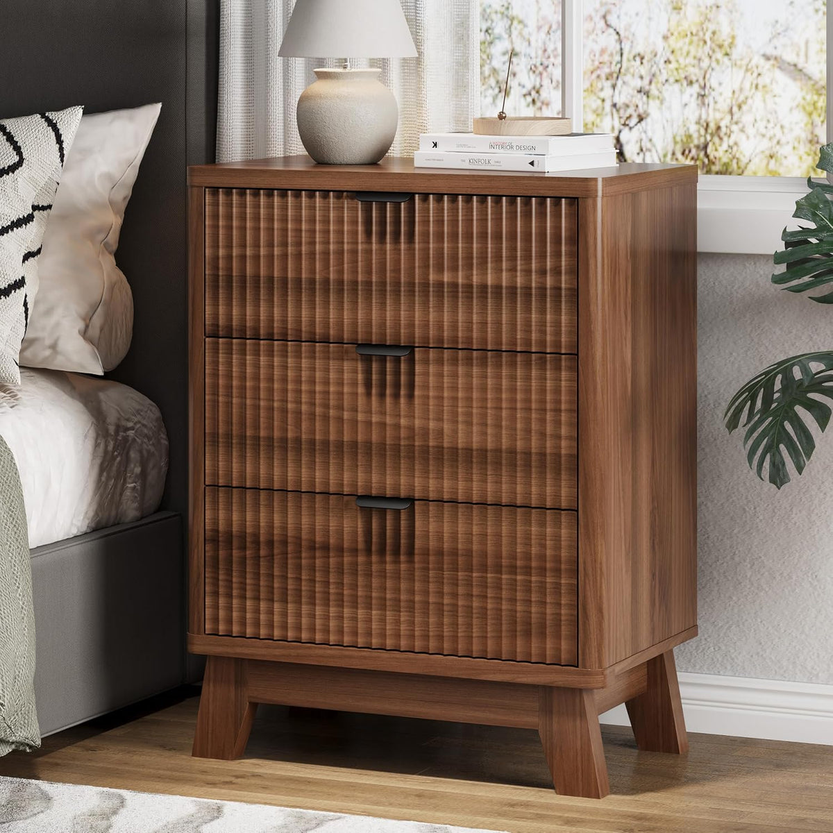 FANRAL 3 Large Drawer Nightstand,30" Tall Night Stand,24" Wide Side Table, Fluted Bedside Table Modern End Table Small Dresser for Bedroom, Nightstand