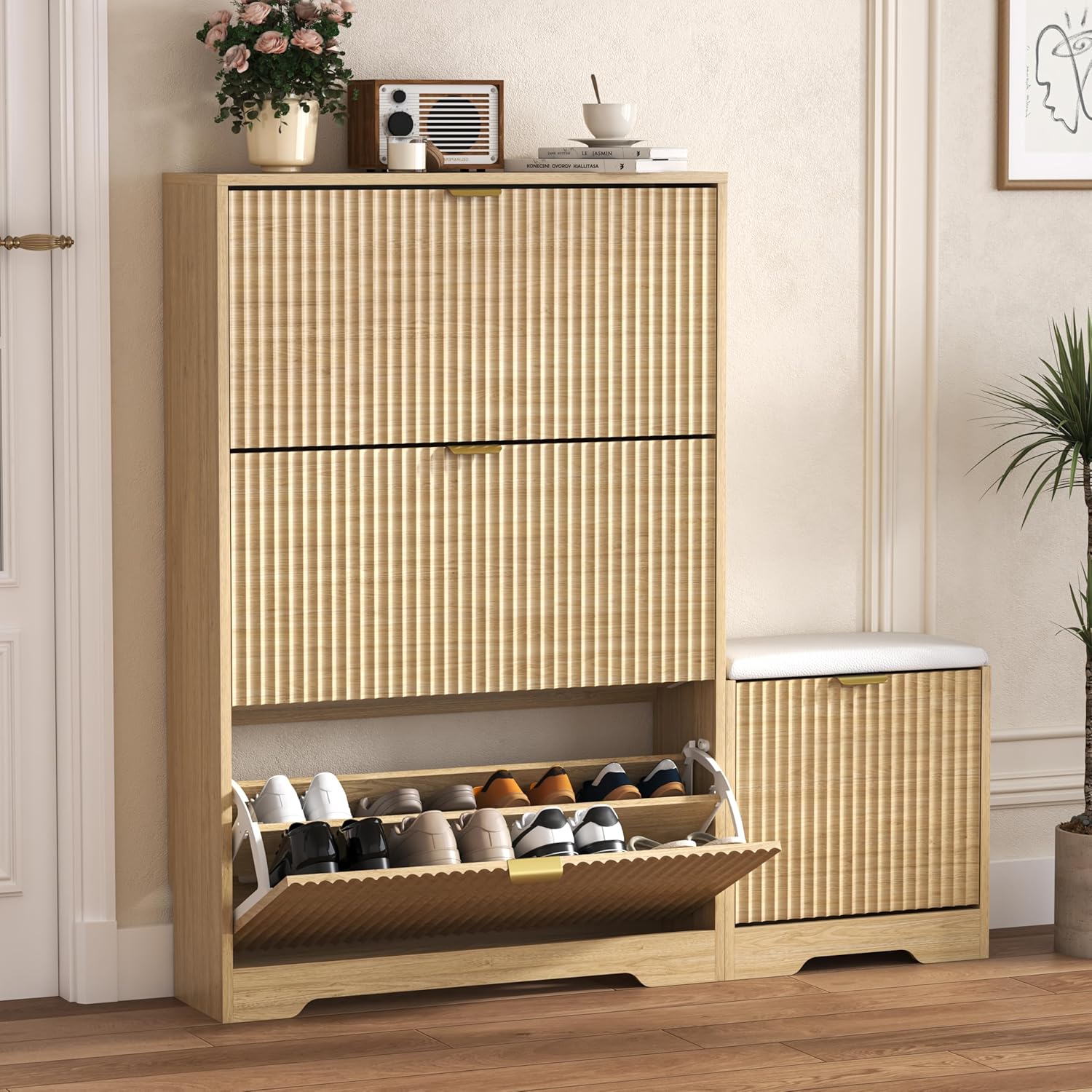 FANRAL Shoe Cabinet with 2 Flip Drawers & Open Storage,Fluted Shoe Storage Cabinet Rack Organizer with Adjustable Shelves for Entryway,Closet,Hallway,