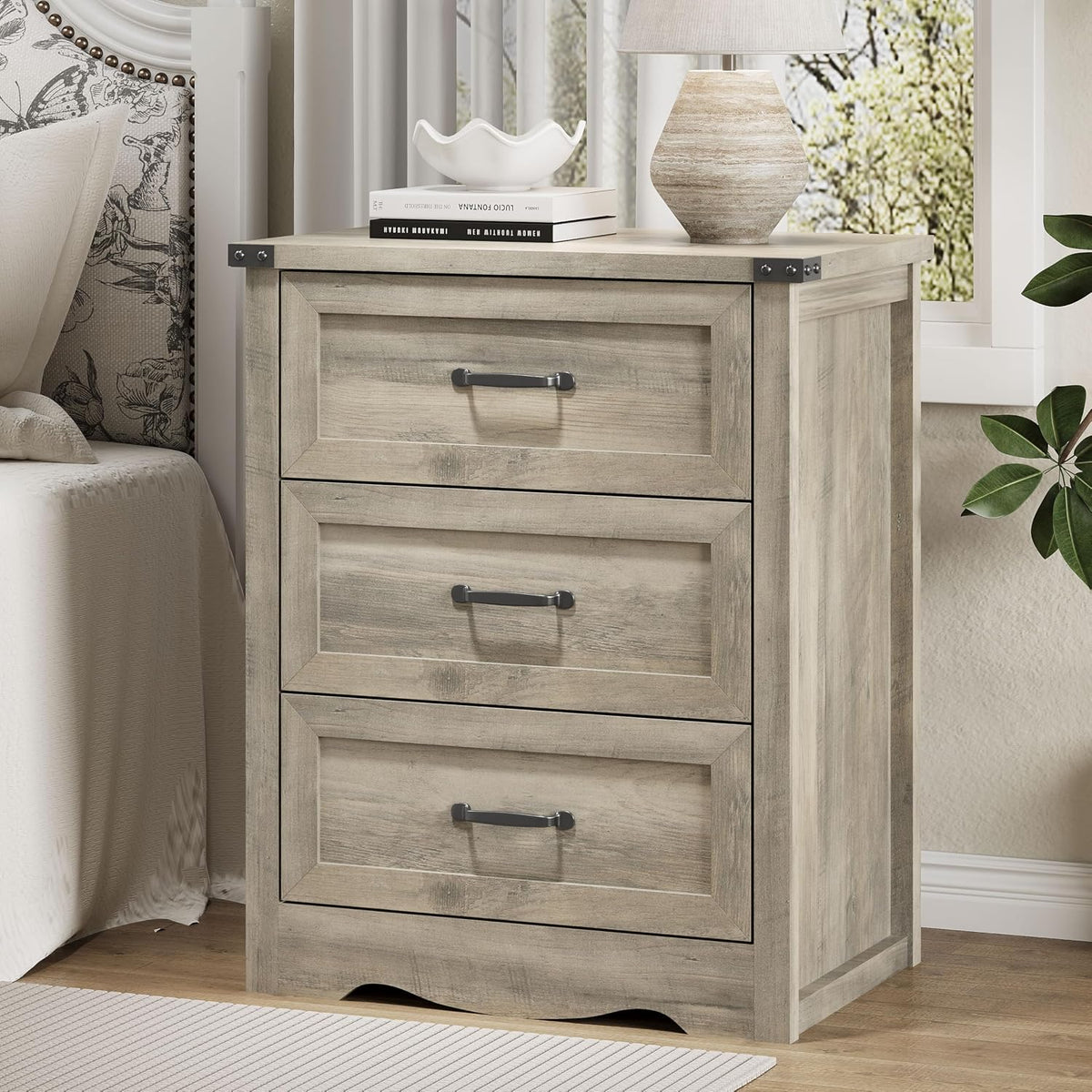 FANRAL 3 Large Drawer Nightstand,29.5" Tall Night Stand,27.5" Wide Side Table, Bedside Table Modern End Table,Small Wide Dresser for Bedroom, Nightstand