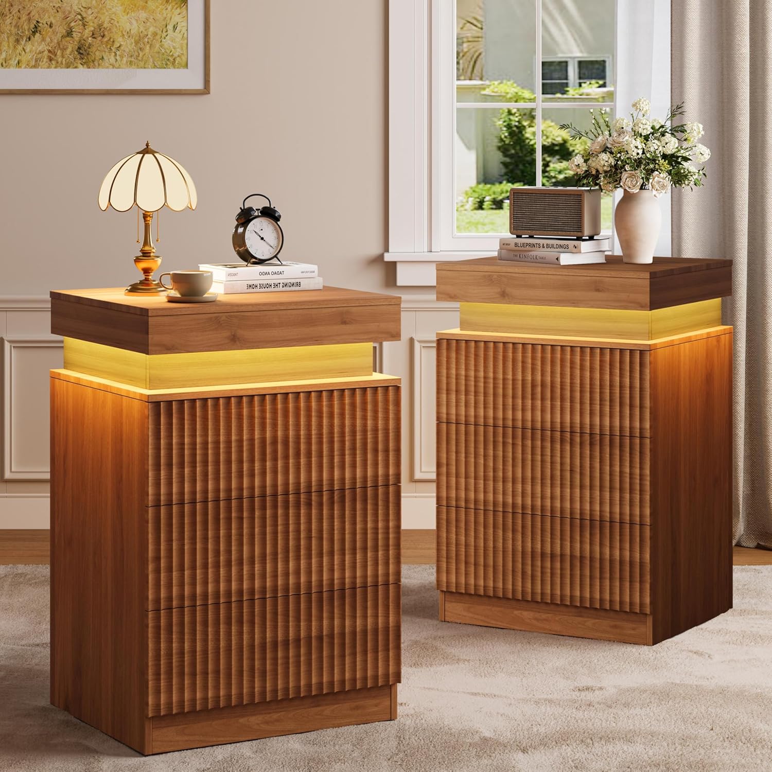 FANRAL Modern Fluted Nightstand with Charging Station & RGB LED,3 Drawer Bedside Table & End Table with Sliding Top Hidden Storage, Night Stand