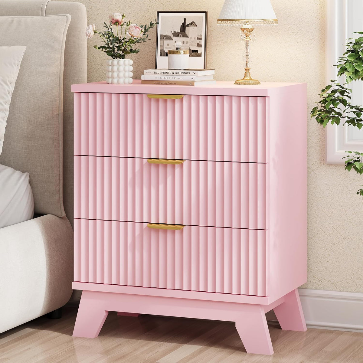 FANRAL 3 Large Drawer Nightstand,30" Tall Night Stand,24" Wide Side Table, Fluted Bedside Table Modern End Table Small Dresser for Bedroom, Nightstand