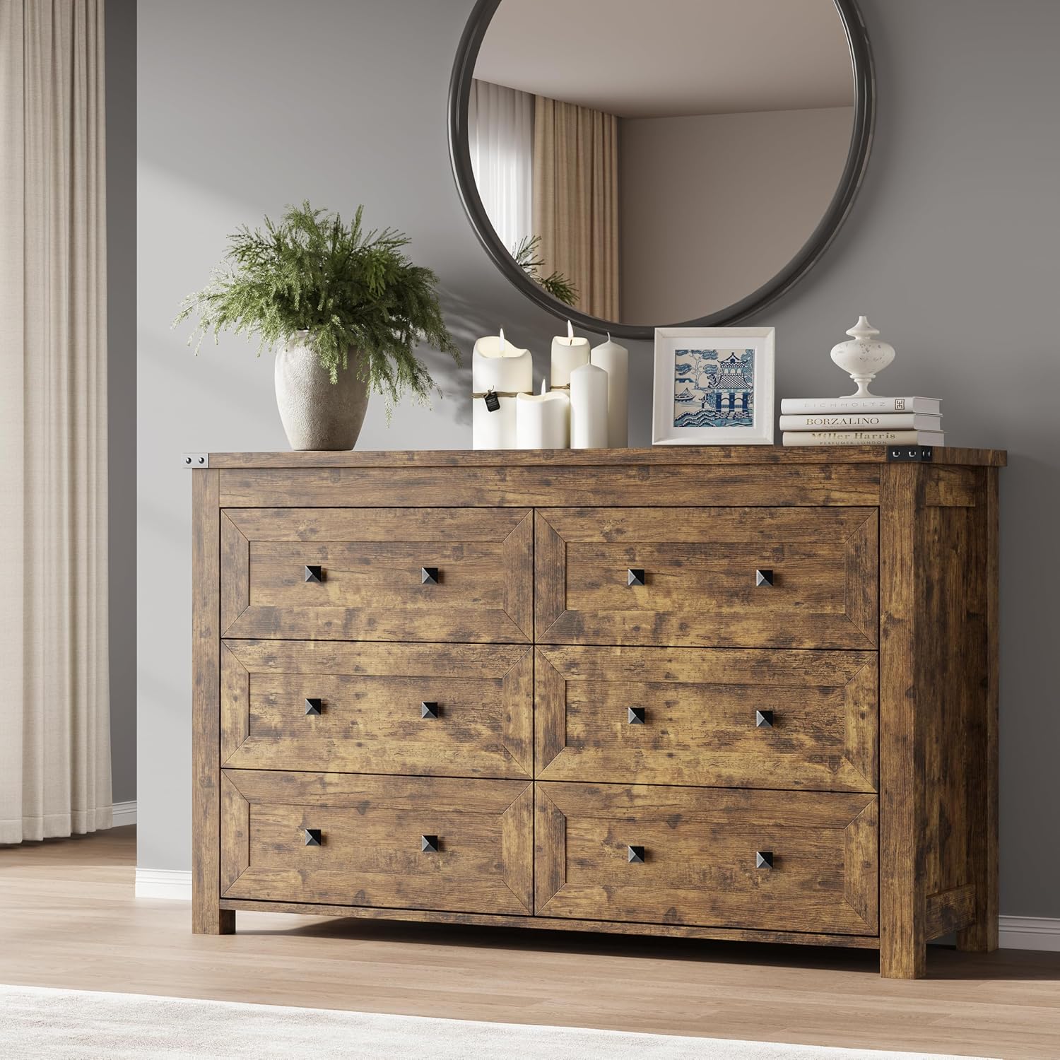 FANRAL Dresser for Bedroom with 6 Drawers, Metal Handle Closet Storage Cabinet,Wide TV Stand Chests of Drawers, Dresser