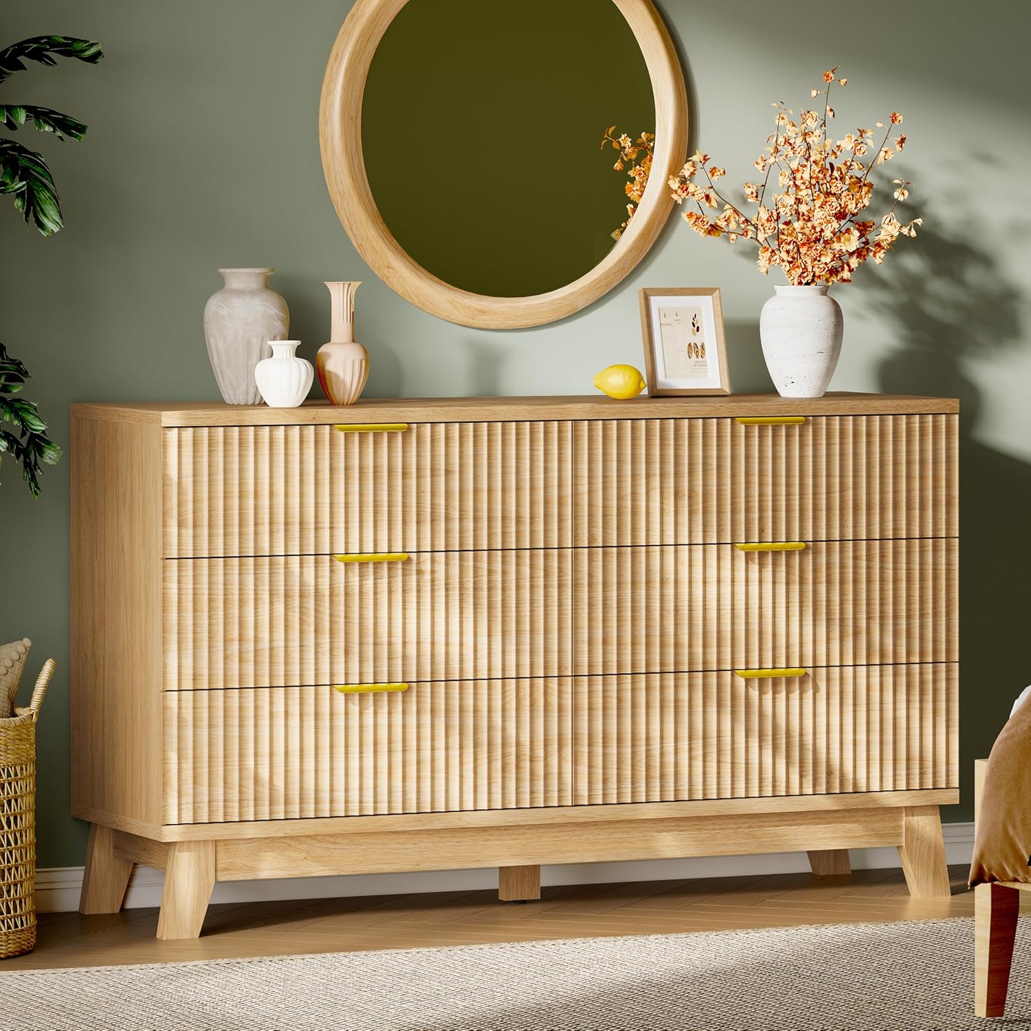 FANRAL 6 Drawers Dresser for Bedroom,54" Wide Fluted Dresser,en Dresser TV Stand,Modern Closet Clothes Storage Organizer for Bedroom, Dresser