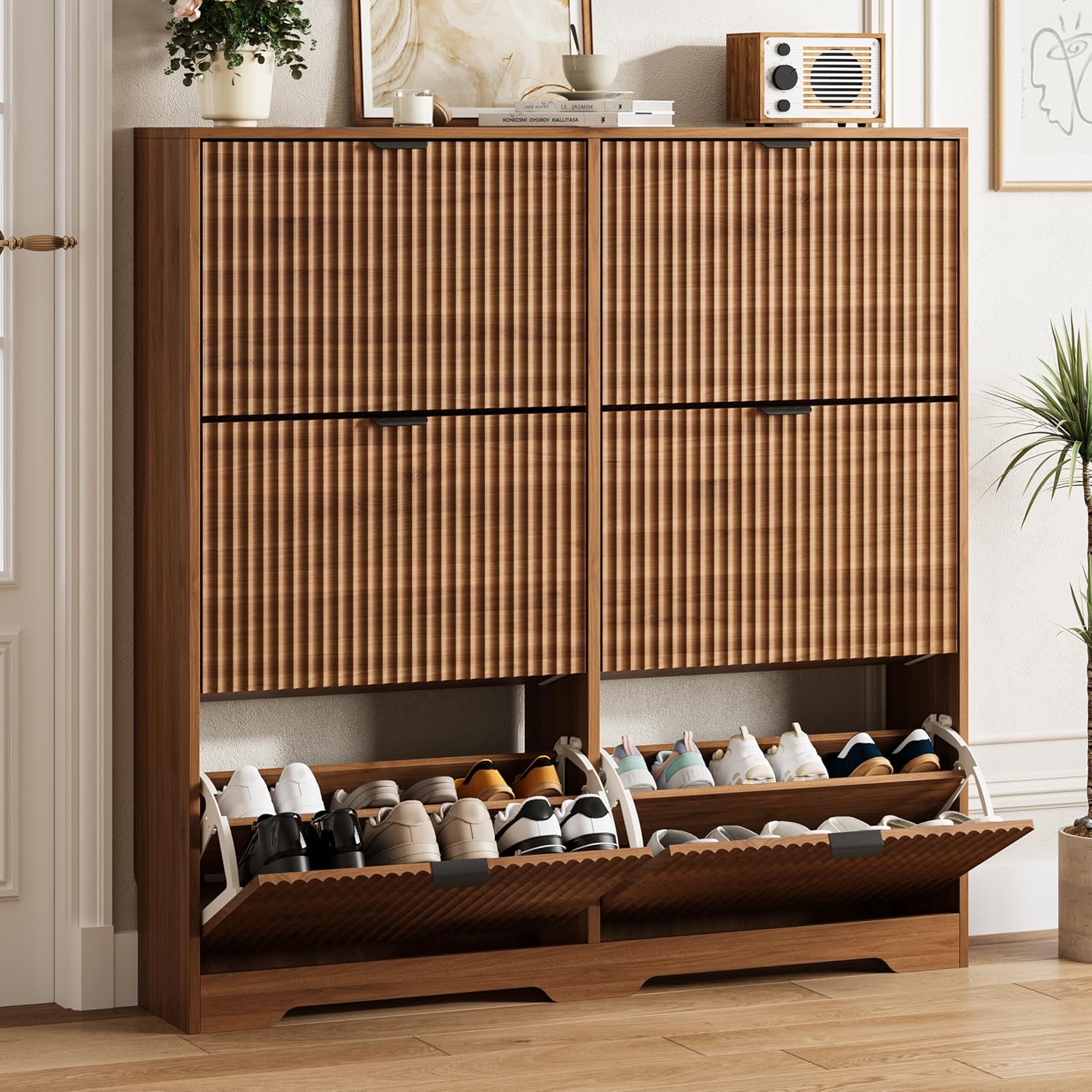 FANRAL Shoe Cabinet with 2 Flip Drawers & Open Storage,Fluted Shoe Storage Cabinet Rack Organizer with Adjustable Shelves for Entryway,Closet,Hallway,