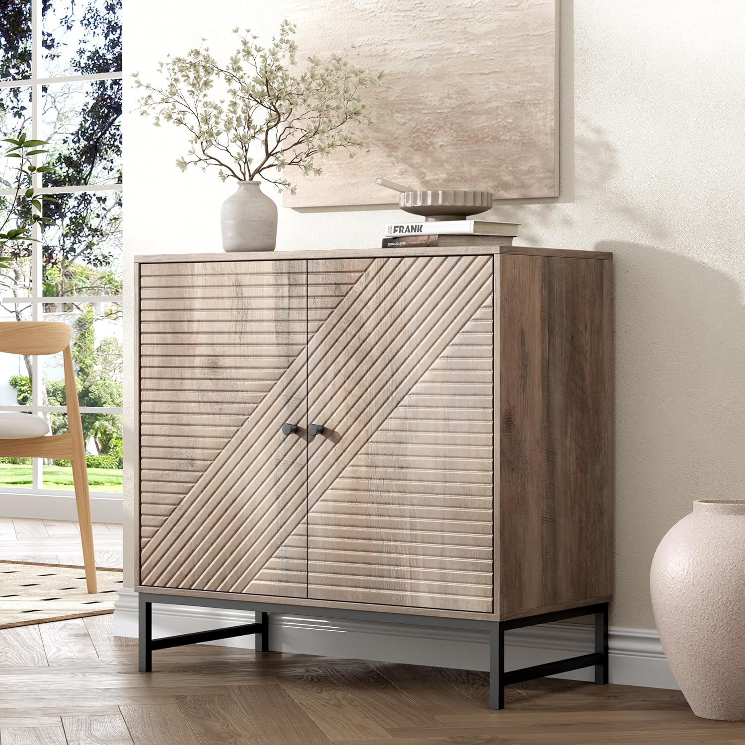 FANRAL 31.5" Wide Fluted Sideboard Buffet Cabinet with Sliding Door,Adjustable Shelves,Multi-Functional Storage Console for Kitchen Dining Room Living Room, Storage Cabinet