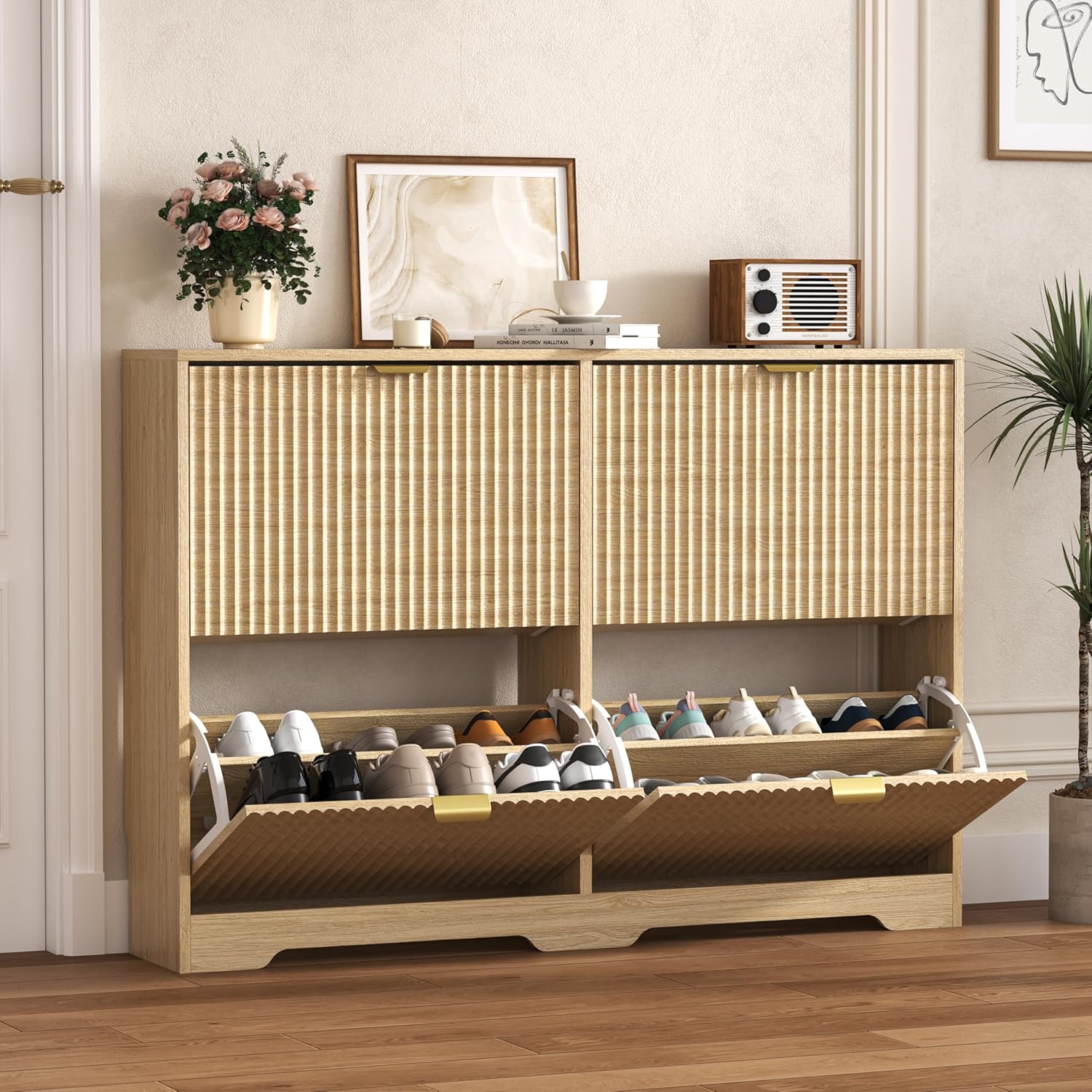 FANRAL Shoe Cabinet with 2 Flip Drawers & Open Storage,Fluted Shoe Storage Cabinet Rack Organizer with Adjustable Shelves for Entryway,Closet,Hallway,