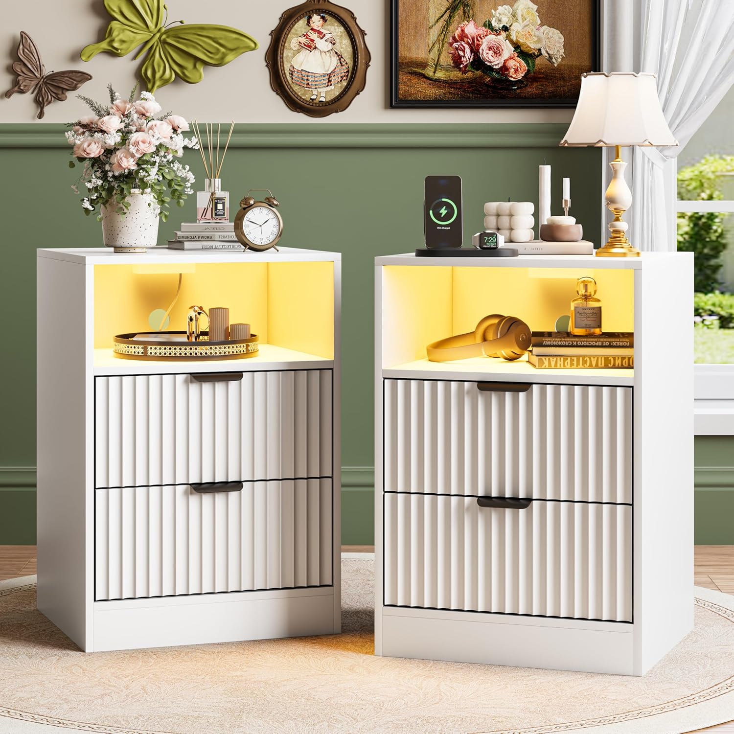 FANRAL Nightstand Set of 2,LED Nightstands with Charging Station,Fluted Design Bedside Table with RGB LED Lighting,Mid Century Modern Small Dresser with Storagee, Night Stand