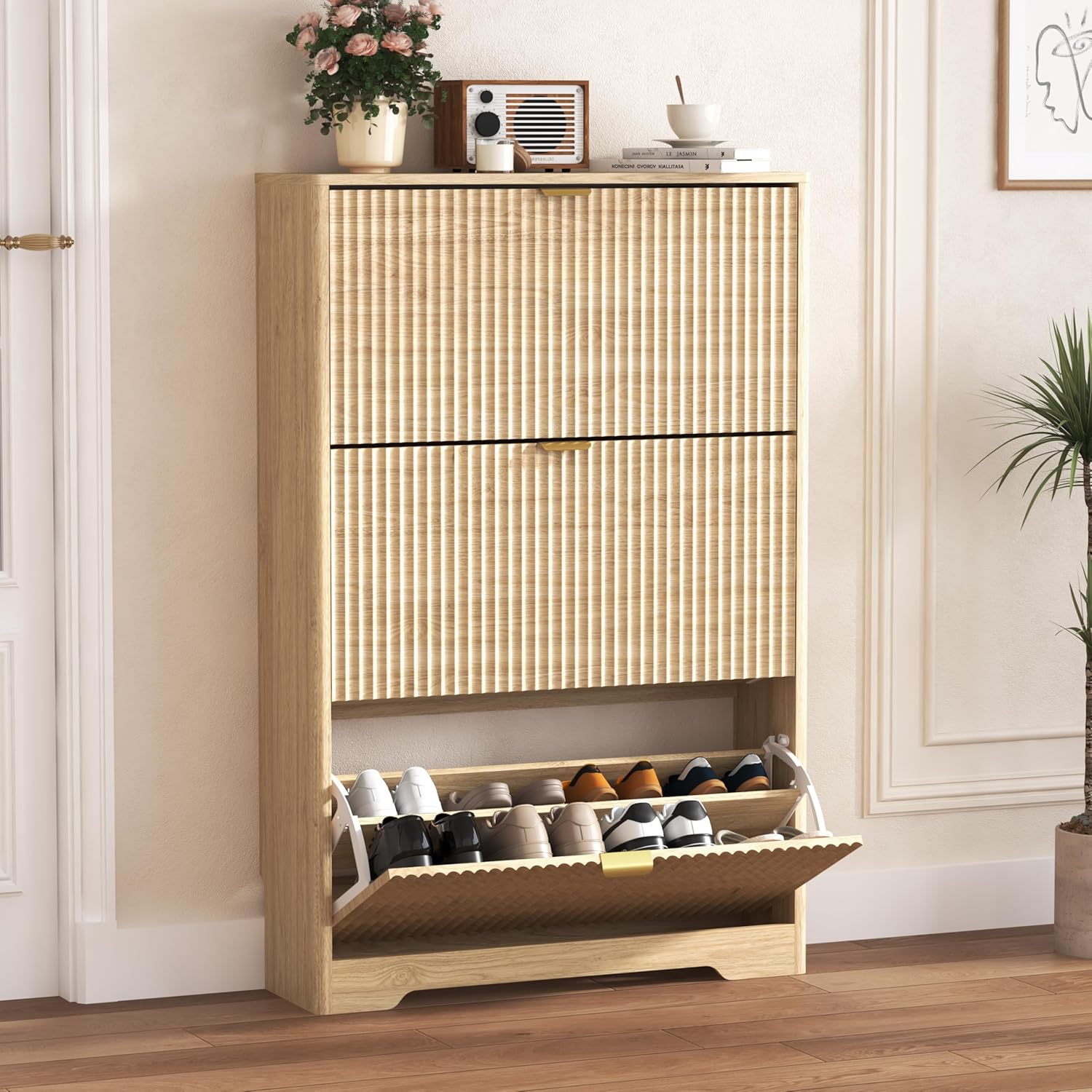 FANRAL Shoe Cabinet with 2 Flip Drawers & Open Storage,Fluted Shoe Storage Cabinet Rack Organizer with Adjustable Shelves for Entryway,Closet,Hallway,