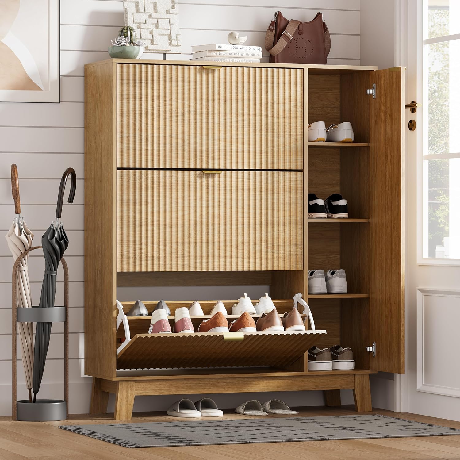 FANRAL Shoe Cabinet with 2 Flip Drawers & Open Storage,Fluted Shoe Storage Cabinet Rack Organizer with Adjustable Shelves for Entryway,Closet,Hallway,