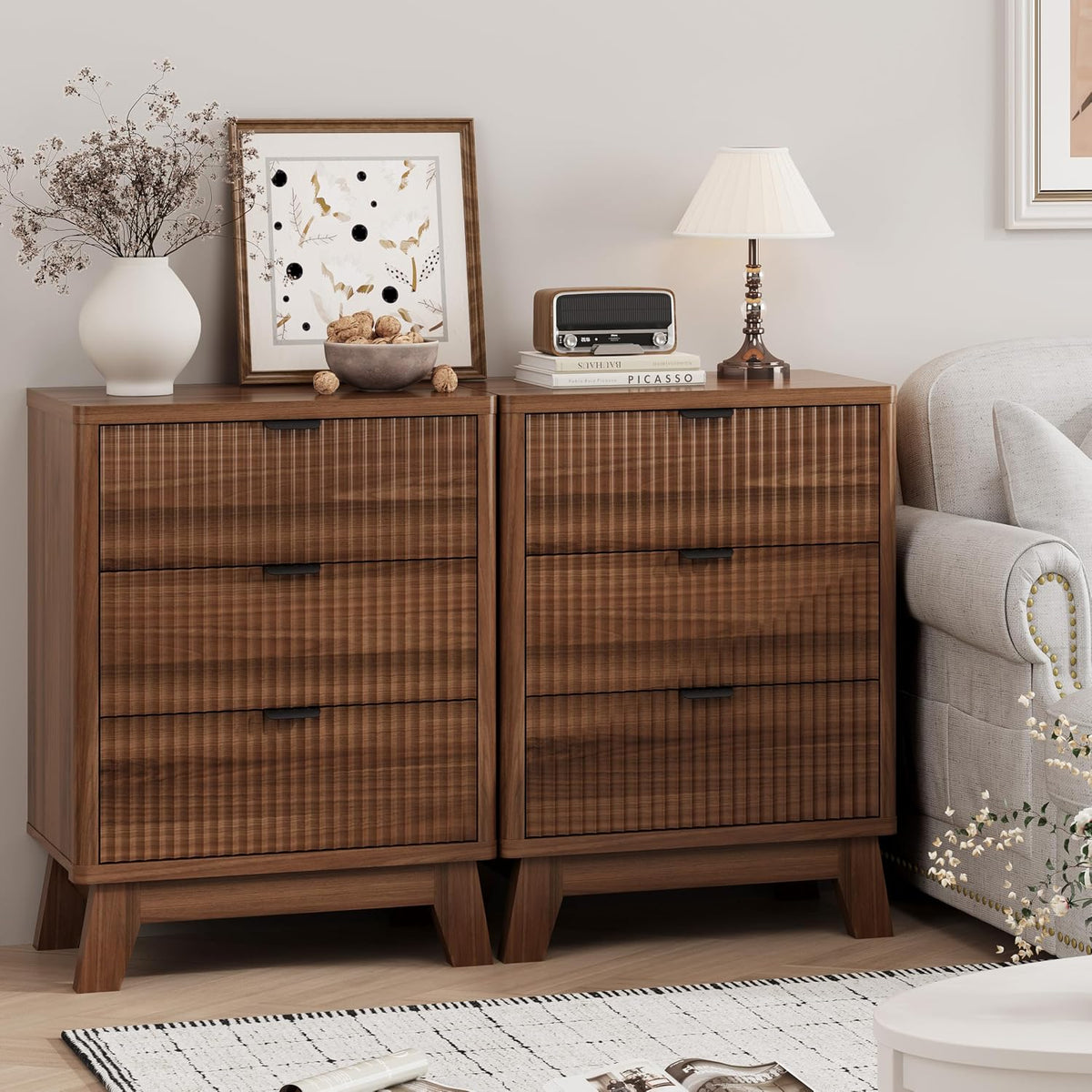 FANRAL 3 Large Drawer Nightstand,30" Tall Night Stand,24" Wide Side Table, Fluted Bedside Table Modern End Table Small Dresser for Bedroom, Nightstand