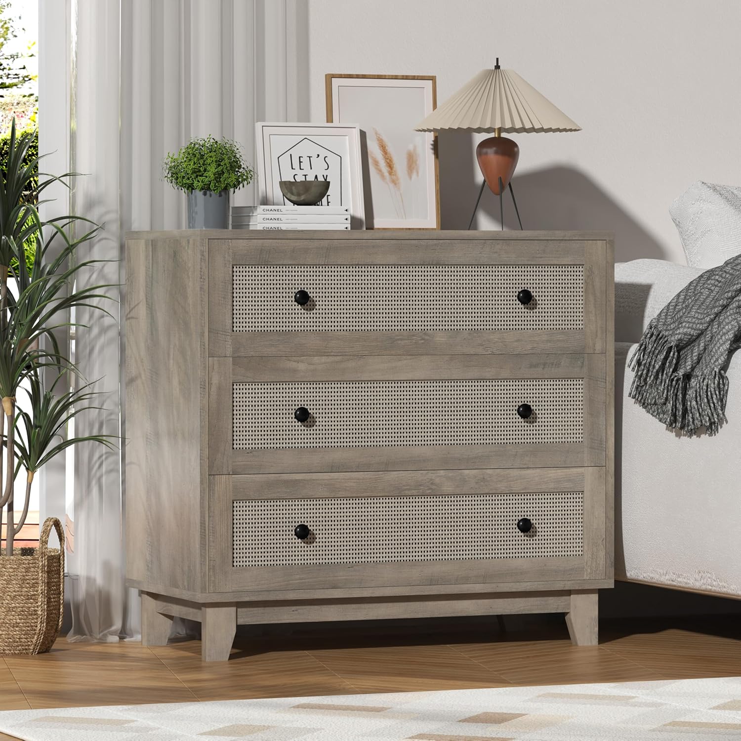 FANRAL Boho Chic 2 Drawer Nightstand with Rattan Accents,Stylish Storage Bedside Table with Shelf & Gold Handles, Night Stand