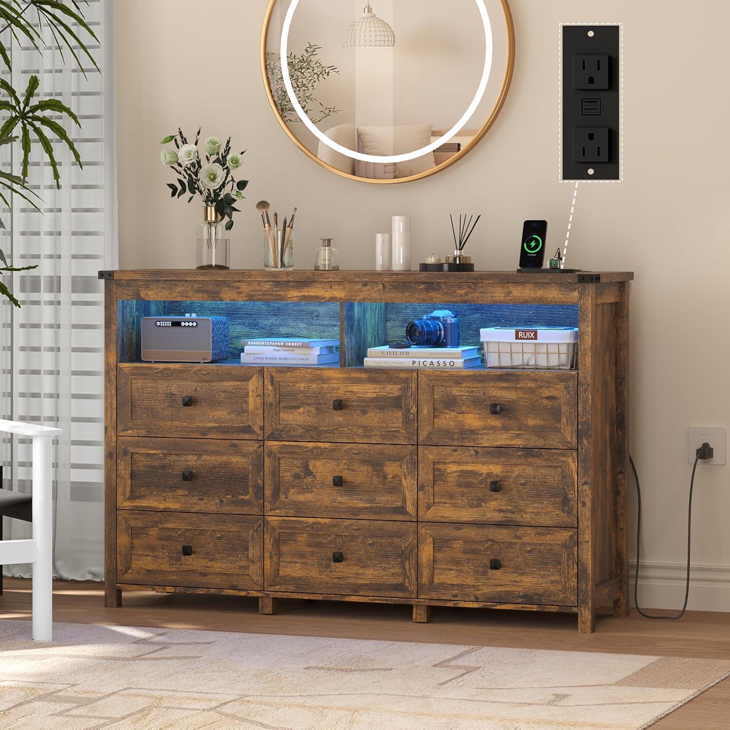 FANRAL Dresser for Bedroom with 6 Drawers, Metal Handle Closet Storage Cabinet,Wide TV Stand Chests of Drawers, Dresser