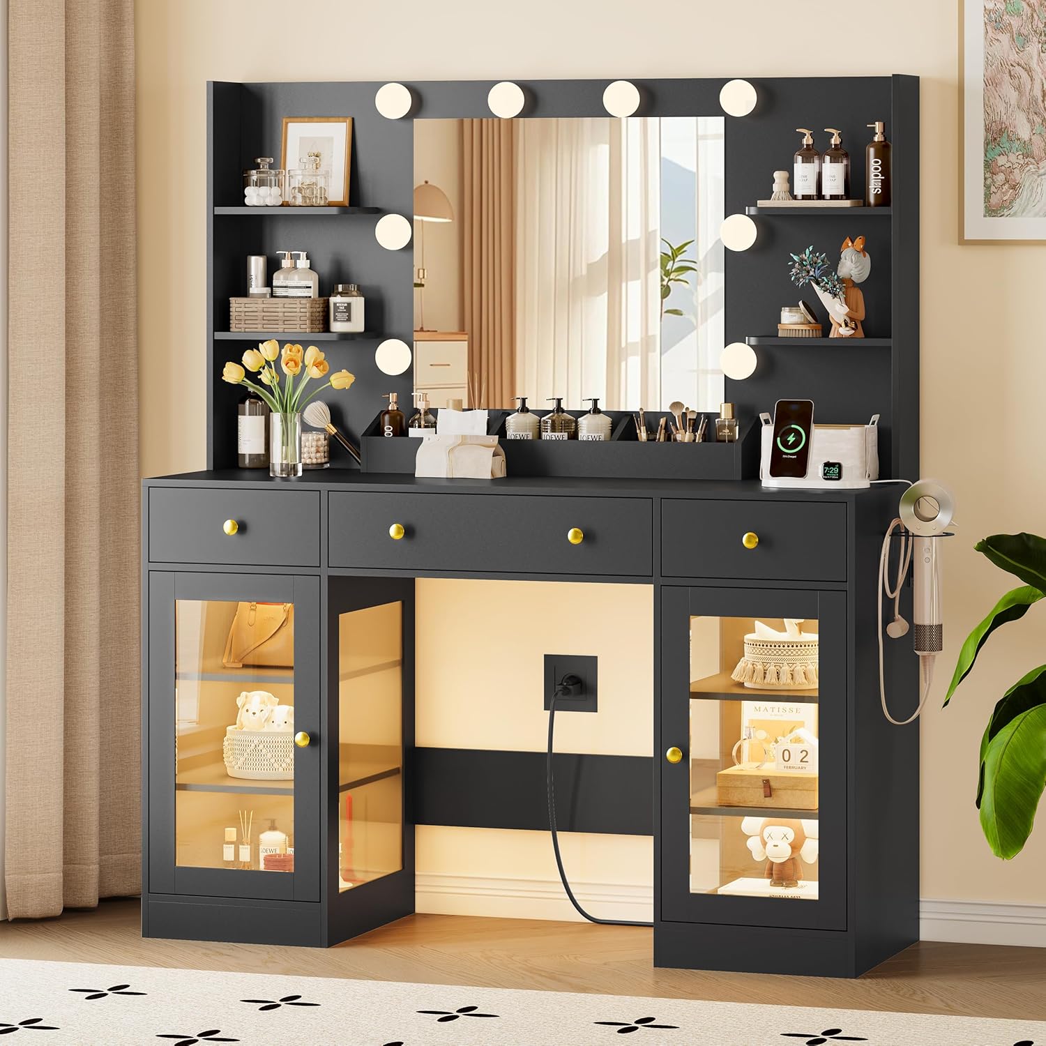 FANRAL 47" Large Makeup Vanity Desk with Mirror and Lights,Vanity Table with Power Outlet & RGB Glass Cabinet, Vanity