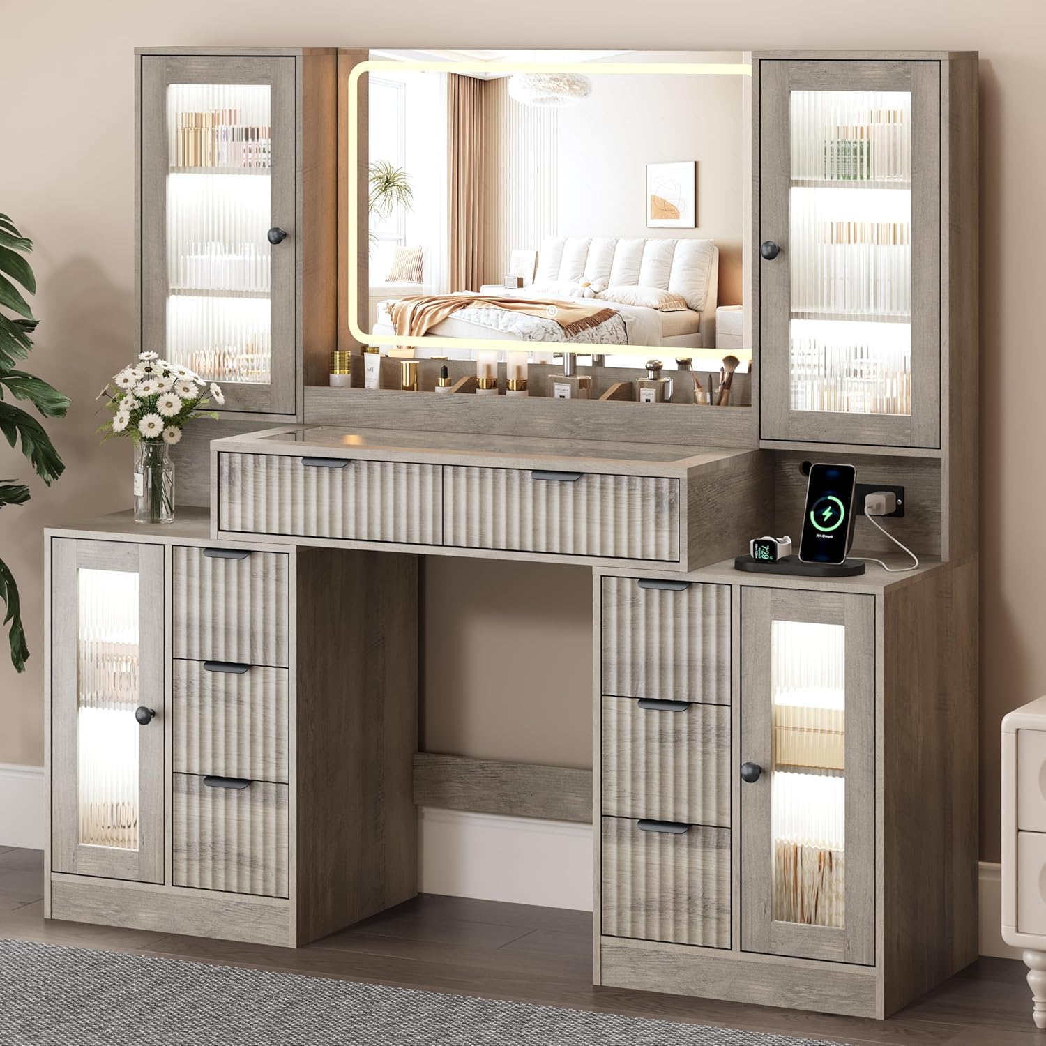 FANRAL 55" Oversized Fluted Vanity Desk with Lighted Mirror,RGB Cabinet Lighting & Tempered Glass Top,Built-in Charging Station & Multi-Drawer Storage for Bedroom & Beauty Room, Vanity