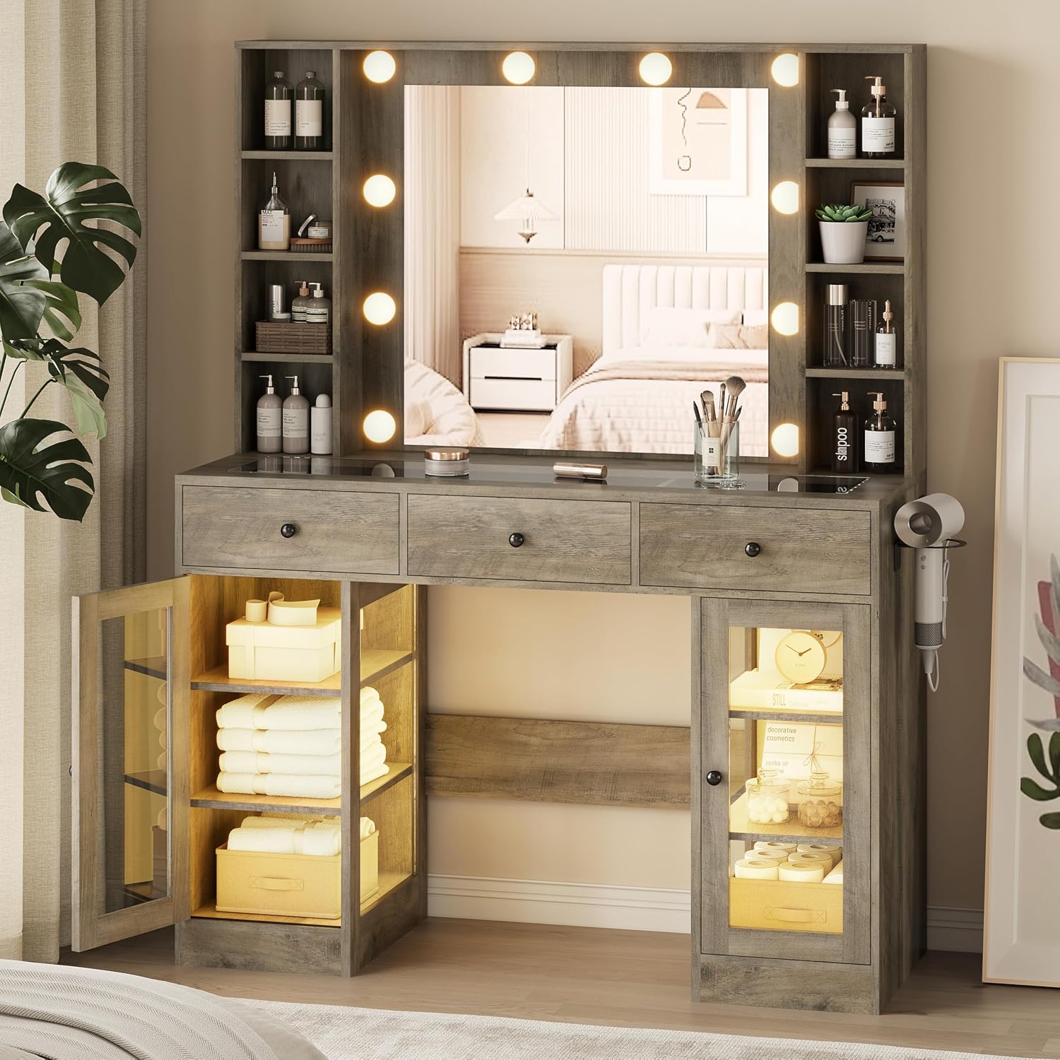 FANRAL Makeup Vanity Desk with Mirror and Lights,Glass Top Vanity Table with RGB Cabinets,Large Dressing Table for Women Bedroom