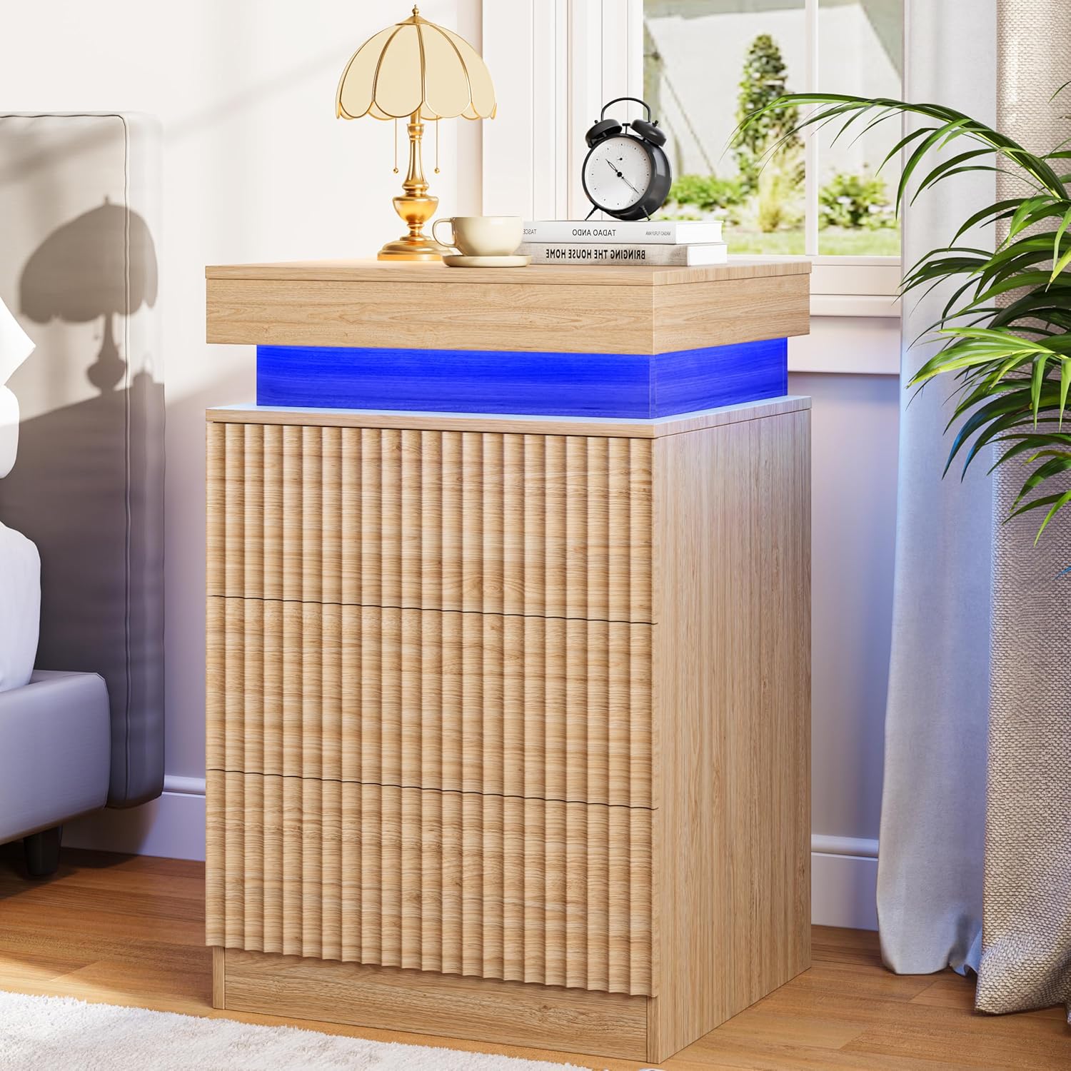 FANRAL Modern Fluted Nightstand with Charging Station & RGB LED,3 Drawer Bedside Table & End Table with Sliding Top Hidden Storage, Night Stand