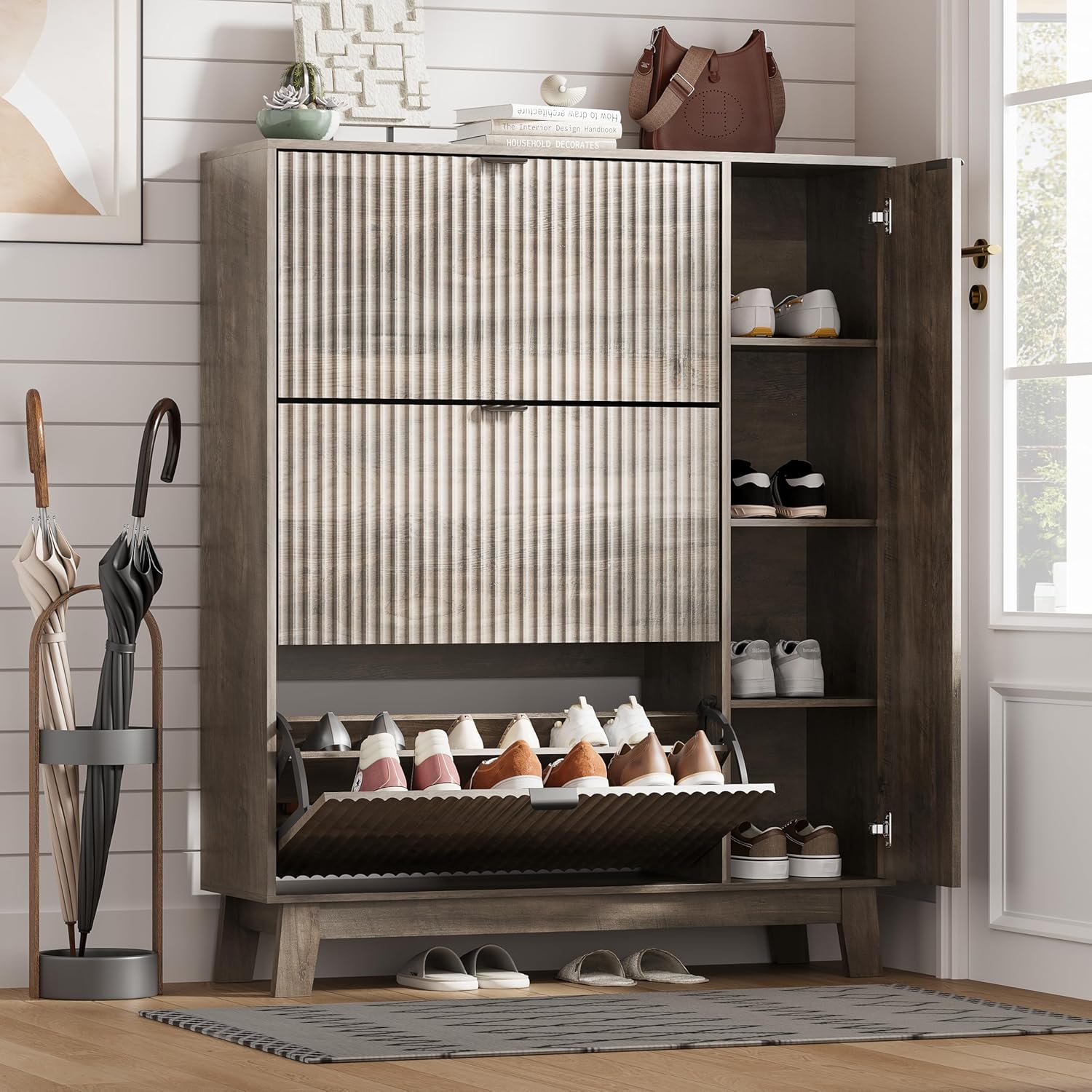 FANRAL Shoe Cabinet with 2 Flip Drawers & Open Storage,Fluted Shoe Storage Cabinet Rack Organizer with Adjustable Shelves for Entryway,Closet,Hallway,
