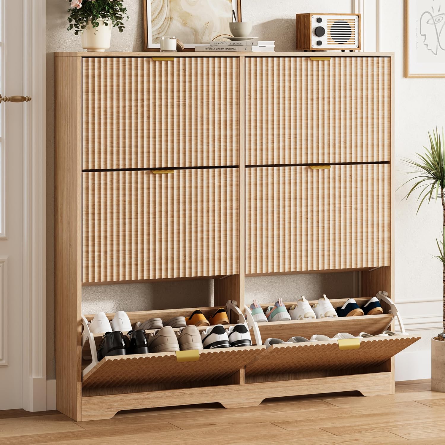 FANRAL Shoe Cabinet with 2 Flip Drawers & Open Storage,Fluted Shoe Storage Cabinet Rack Organizer with Adjustable Shelves for Entryway,Closet,Hallway,