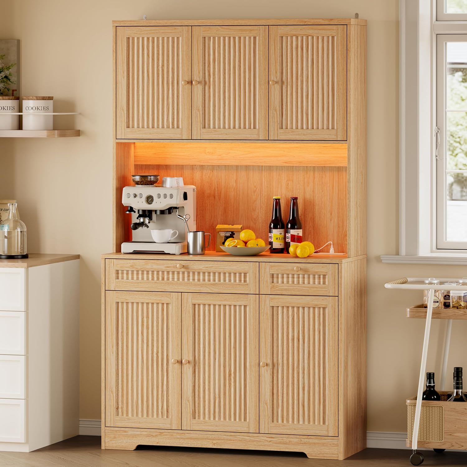 FANRAL 70¡± Tall Pantry Organizers and Storage Cabinet with Barn Doors & Drawers,Adjustable Shelf,Tall Pantry for Kitchen Dining Room Living Room Bedroom, Pantry Cabinet