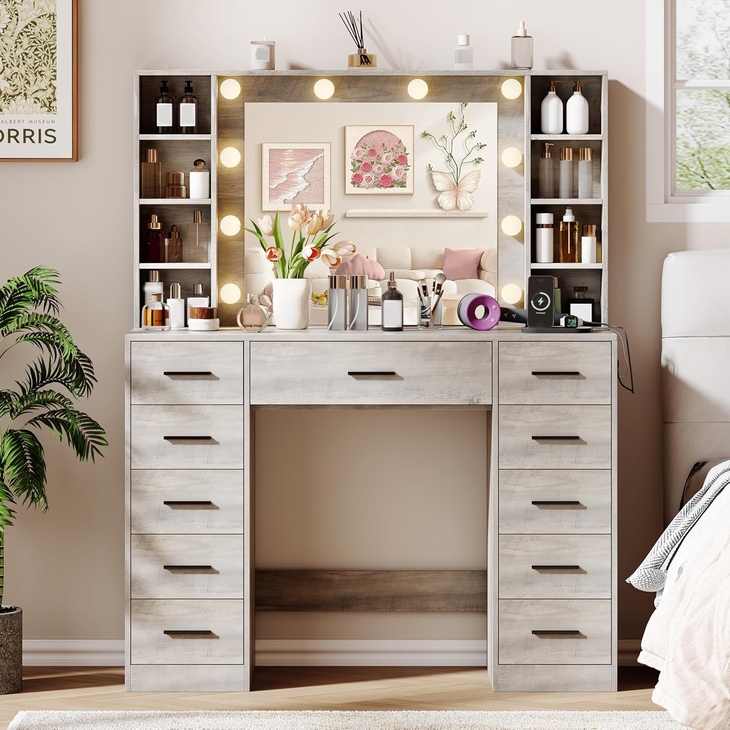 FANRAL Large Vanity Desk with LED Lighted Mirror & RGB Glass Cabinets,Built-in Charging Station & 7 Drawers,Modern Dressing Table for Bedroom Beauty Spaces, Vanity