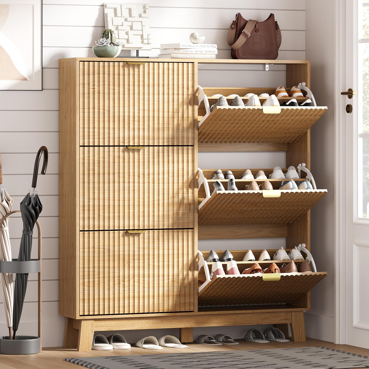 FANRAL Shoe Cabinet with 2 Flip Drawers & Open Storage,Fluted Shoe Storage Cabinet Rack Organizer with Adjustable Shelves for Entryway,Closet,Hallway,