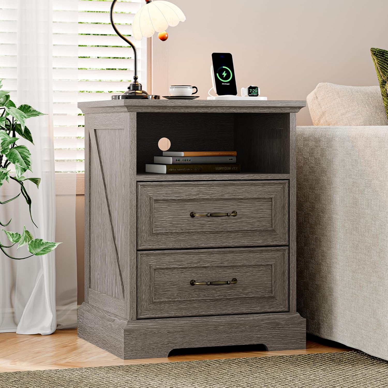 FANRAL Nightstand with Charging Station for Bedroom,Farmhouse End Side Table with 2 Drawers for Living Room, Nightstand
