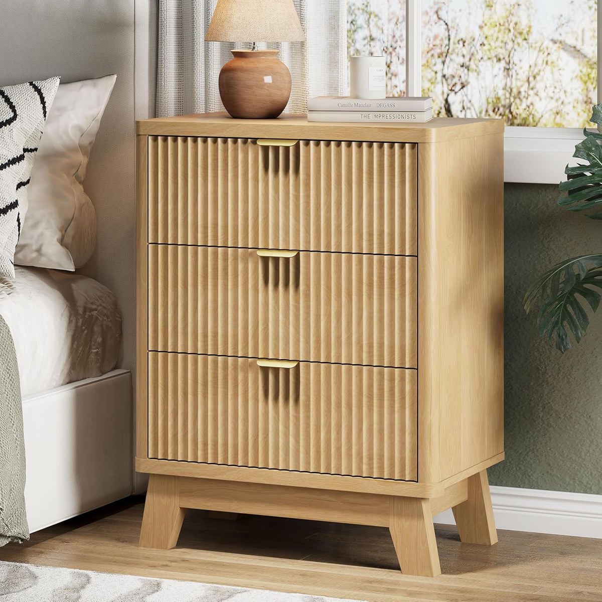 FANRAL 3 Large Drawer Nightstand,30" Tall Night Stand,24" Wide Side Table, Fluted Bedside Table Modern End Table Small Dresser for Bedroom, Nightstand
