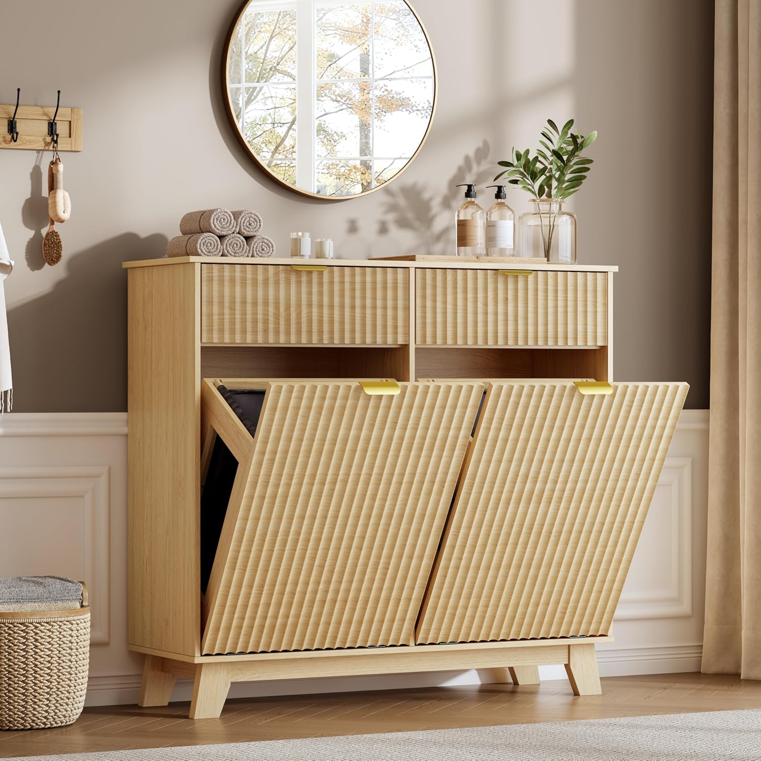 FANRAL Single Tilt Out Laundry Hamper Cabinet,10 Gallon en Hidden Storage Cabinet,Fluted Trash Can for Bathroom Kitchen Living Room, Laundry Basket Cabinet
