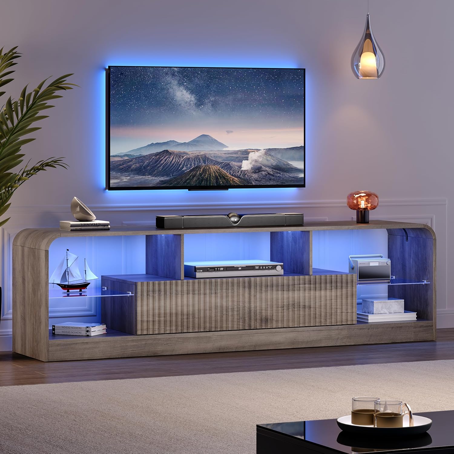 FANRAL Curved TV Stand with LED Lights,Modern Entertainment Center for 70 Inch TV,Media Console with Drawers and Glass Shelves for Living Room, TV Stand
