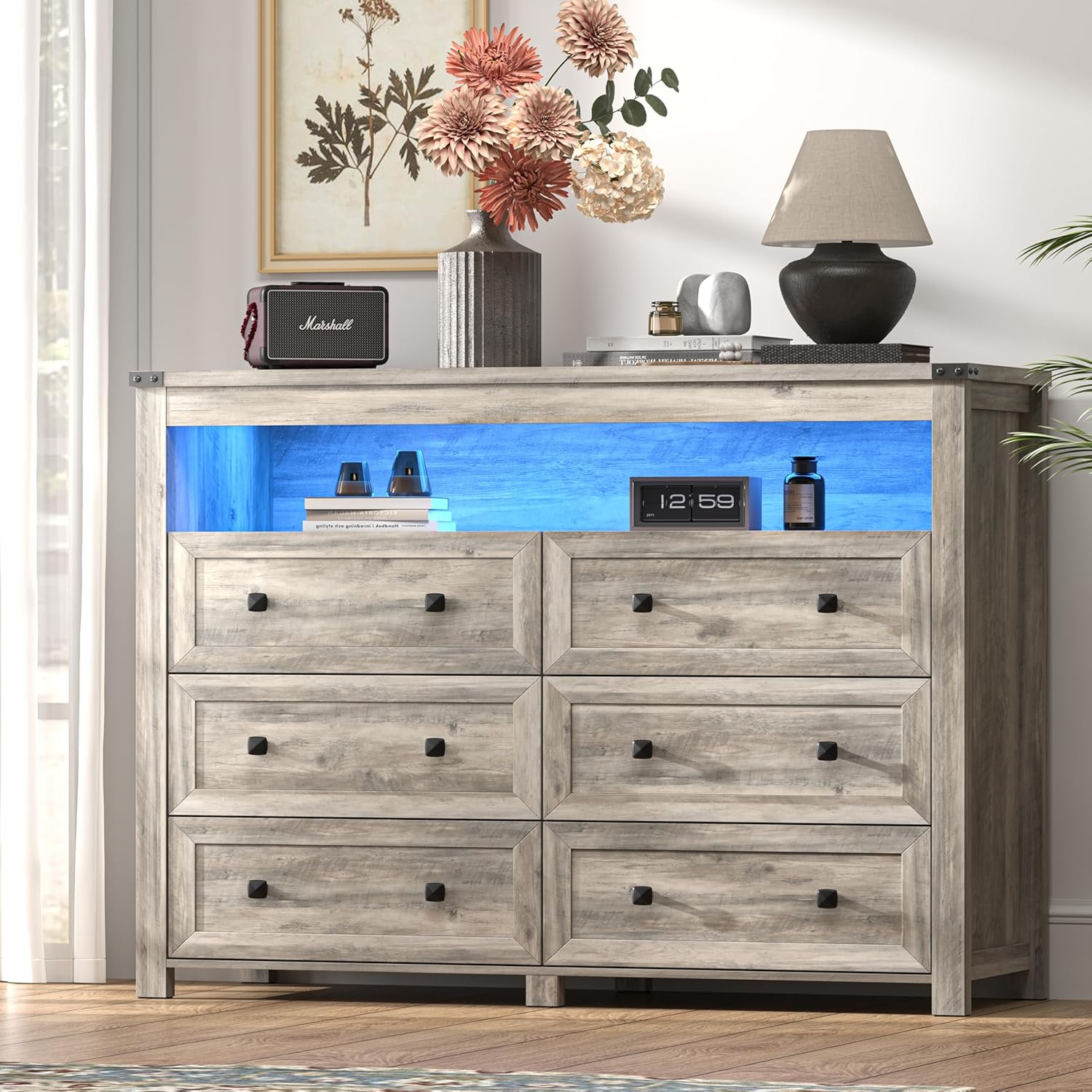 FANRAL Dresser for Bedroom with 6 Drawers, Metal Handle Closet Storage Cabinet,Wide TV Stand Chests of Drawers, Dresser