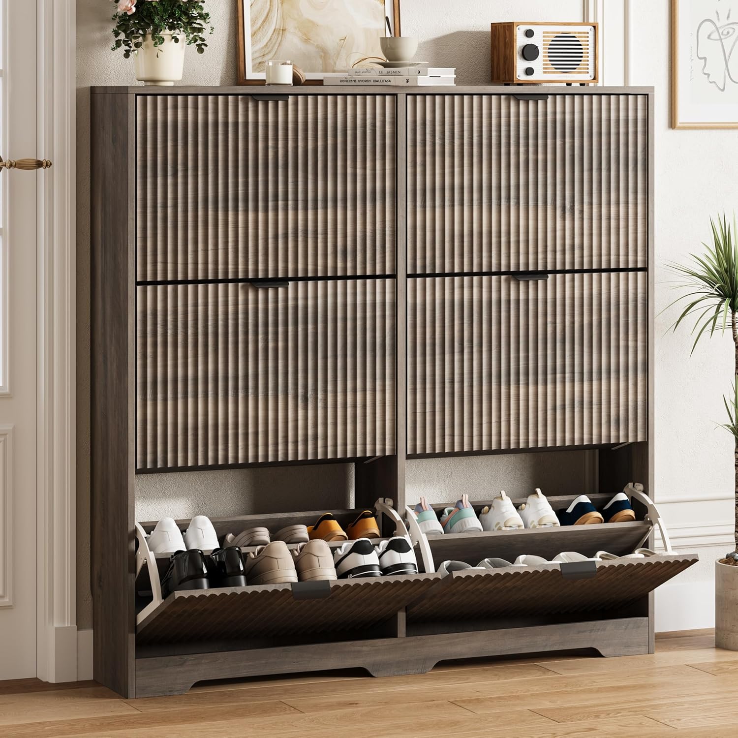 FANRAL Shoe Cabinet with 2 Flip Drawers & Open Storage,Fluted Shoe Storage Cabinet Rack Organizer with Adjustable Shelves for Entryway,Closet,Hallway,