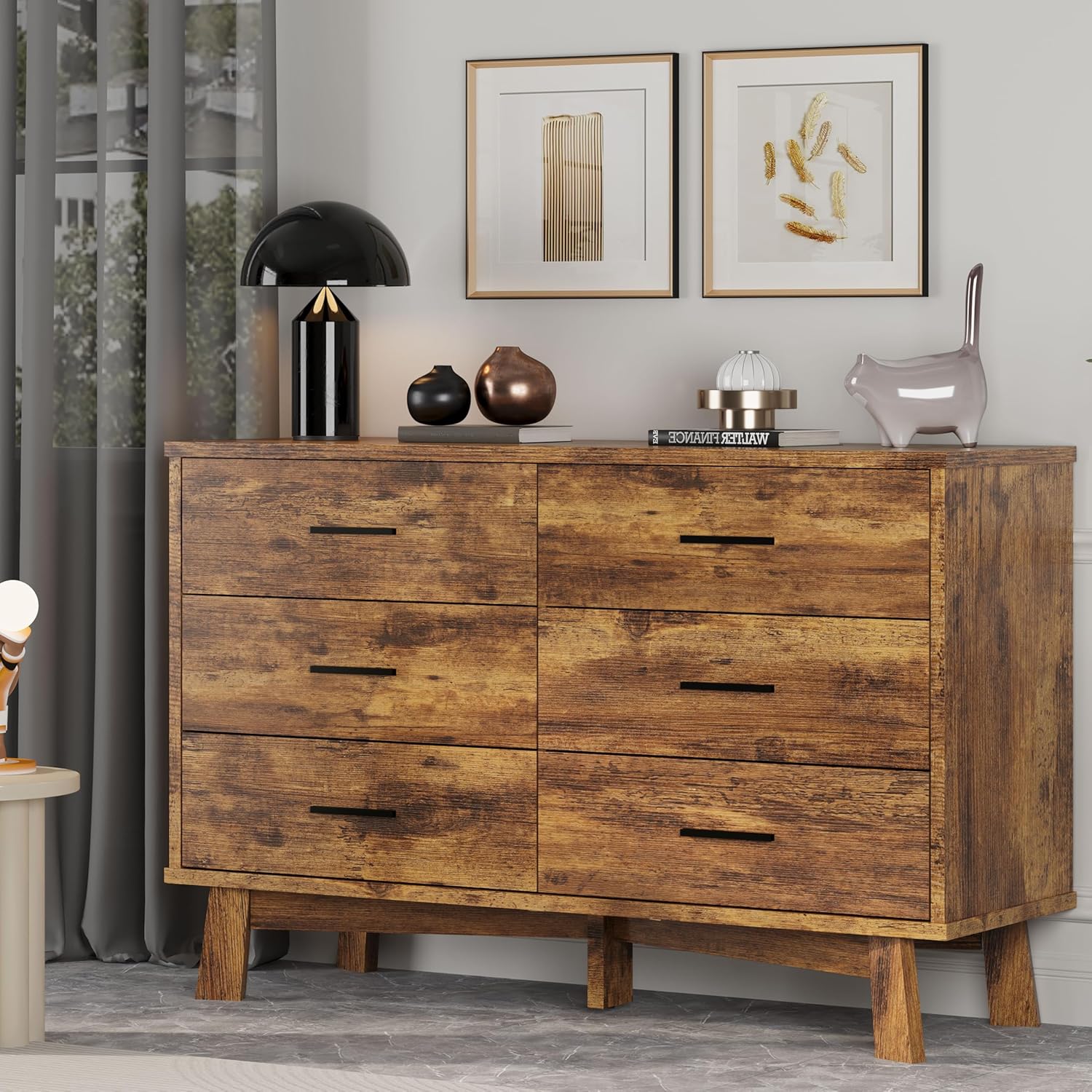 FANRAL 6 Drawers Dresser for Bedroom, Modern Chest of Drawers with X-Shaped Sturdy Base, Dresser