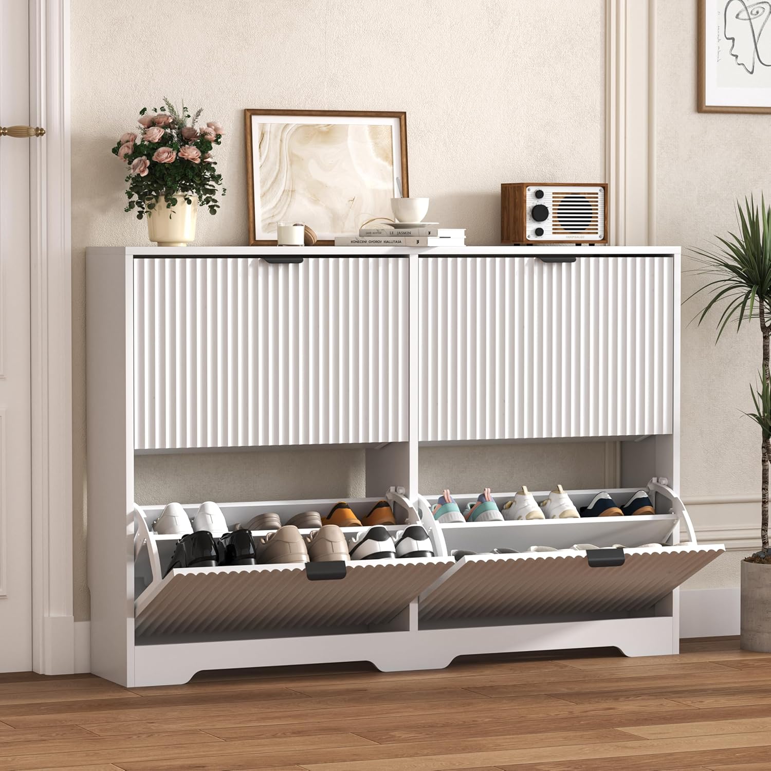 FANRAL Shoe Cabinet with 2 Flip Drawers & Open Storage,Fluted Shoe Storage Cabinet Rack Organizer with Adjustable Shelves for Entryway,Closet,Hallway,