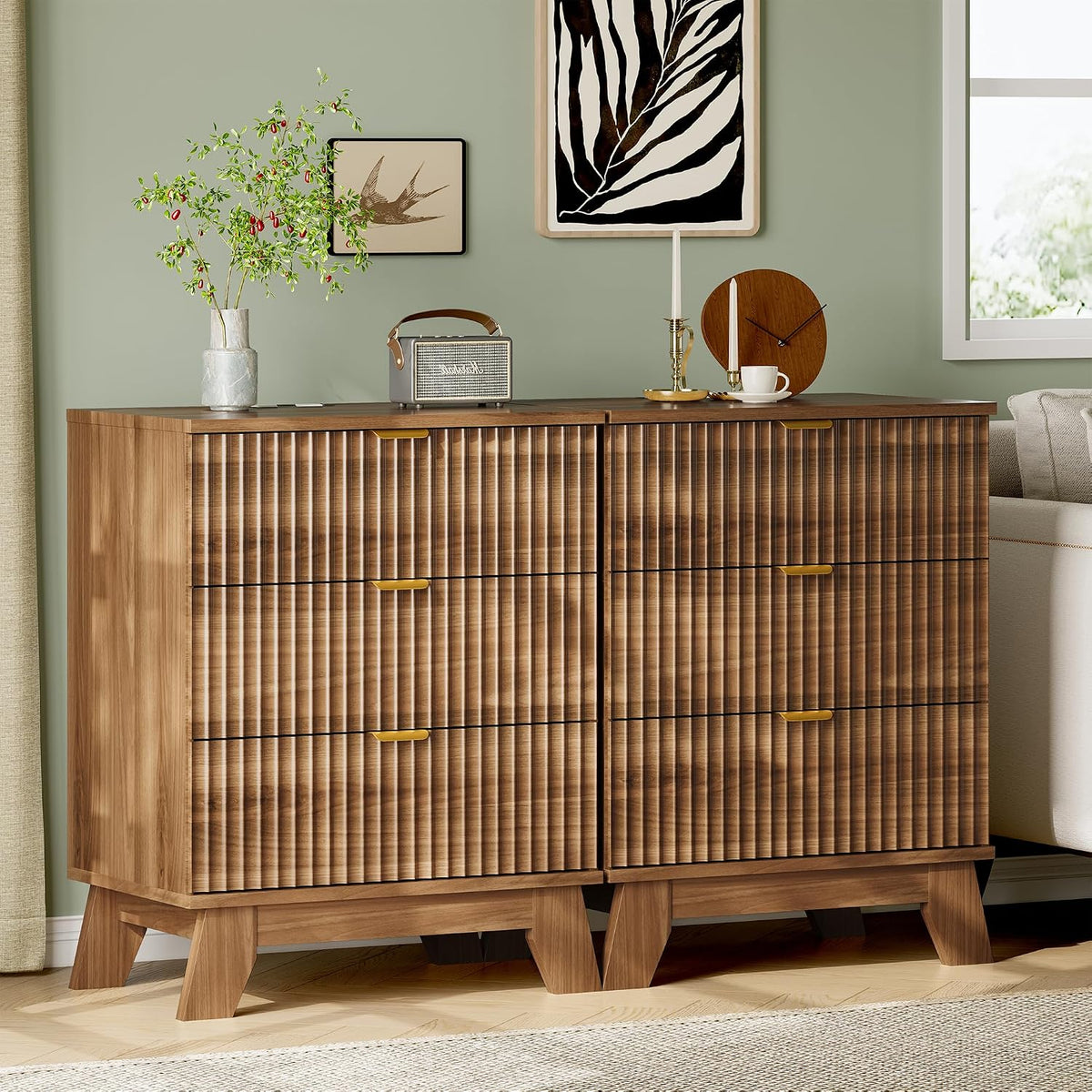 FANRAL 3 Large Drawer Nightstand,30" Tall Night Stand,24" Wide Side Table, Fluted Bedside Table Modern End Table Small Dresser for Bedroom, Nightstand