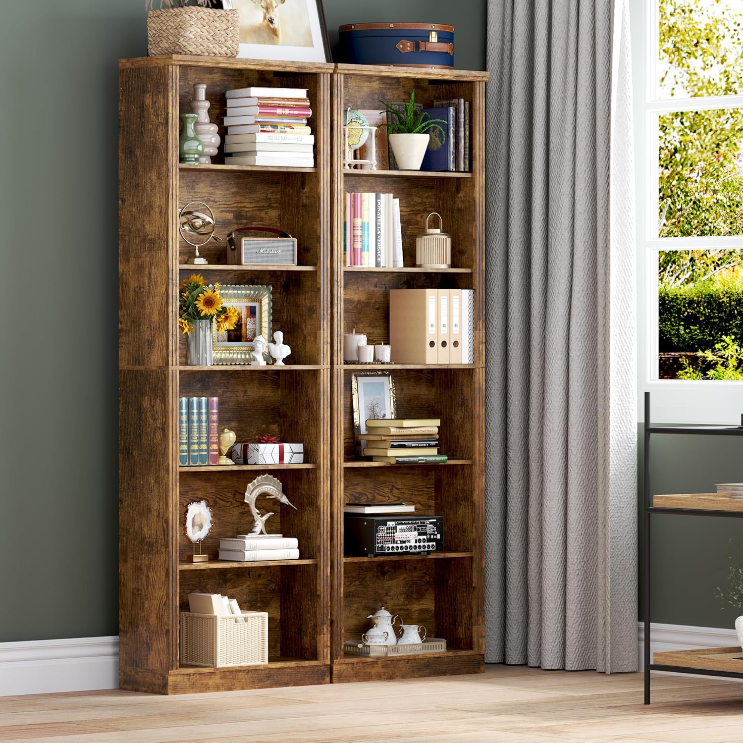 FANRAL 75" Tall Bookshelf with 6 Tier,2 Adjustable Shelving, Vertical Narrow Storage Organizer, Freestanding Display Shelf for Home Living Room Bedroom Office, Bookcase