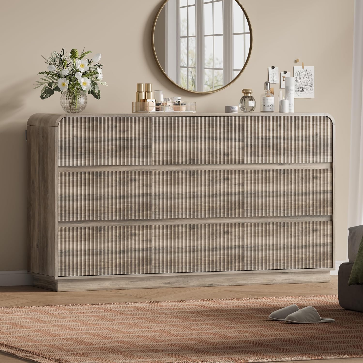 FANRAL 6 Drawer Wide Dresser, Modern Fluted Chest of Drawers with Sturdy Legs & Solid Base, Large Storage Dresser for Bedroom, Dresser