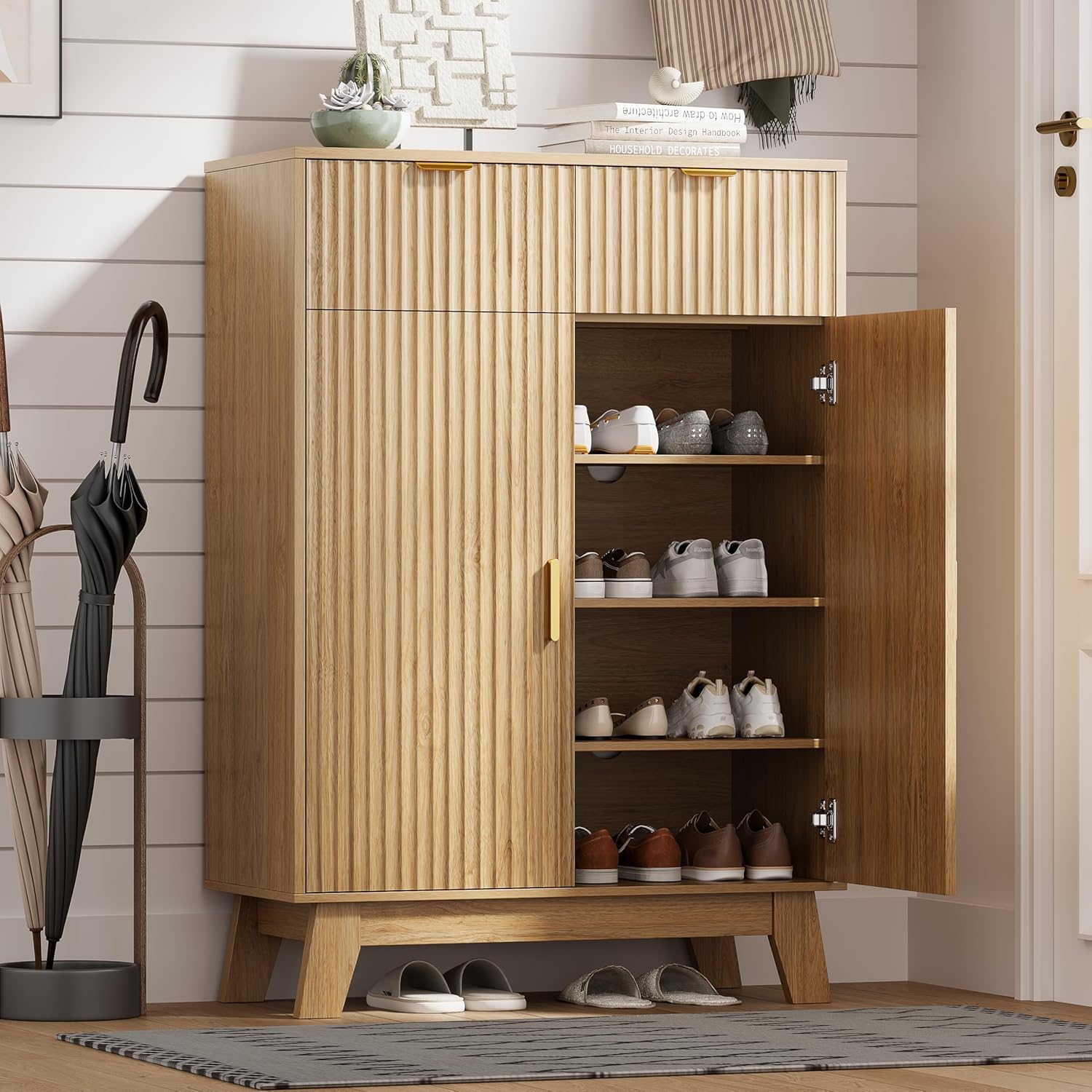 FANRAL Shoe Cabinet with 2 Flip Drawers & Open Storage,Fluted Shoe Storage Cabinet Rack Organizer with Adjustable Shelves for Entryway,Closet,Hallway,