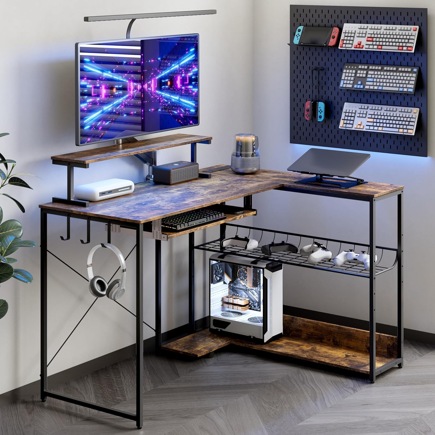 FANRAL L Shaped Computer Gaming Desk with Monitor Stand,LED Light & USB Power Outlet,Reversible Shelves Corner Desk with Keyboard Tray for Home Office Study, Computer Desk