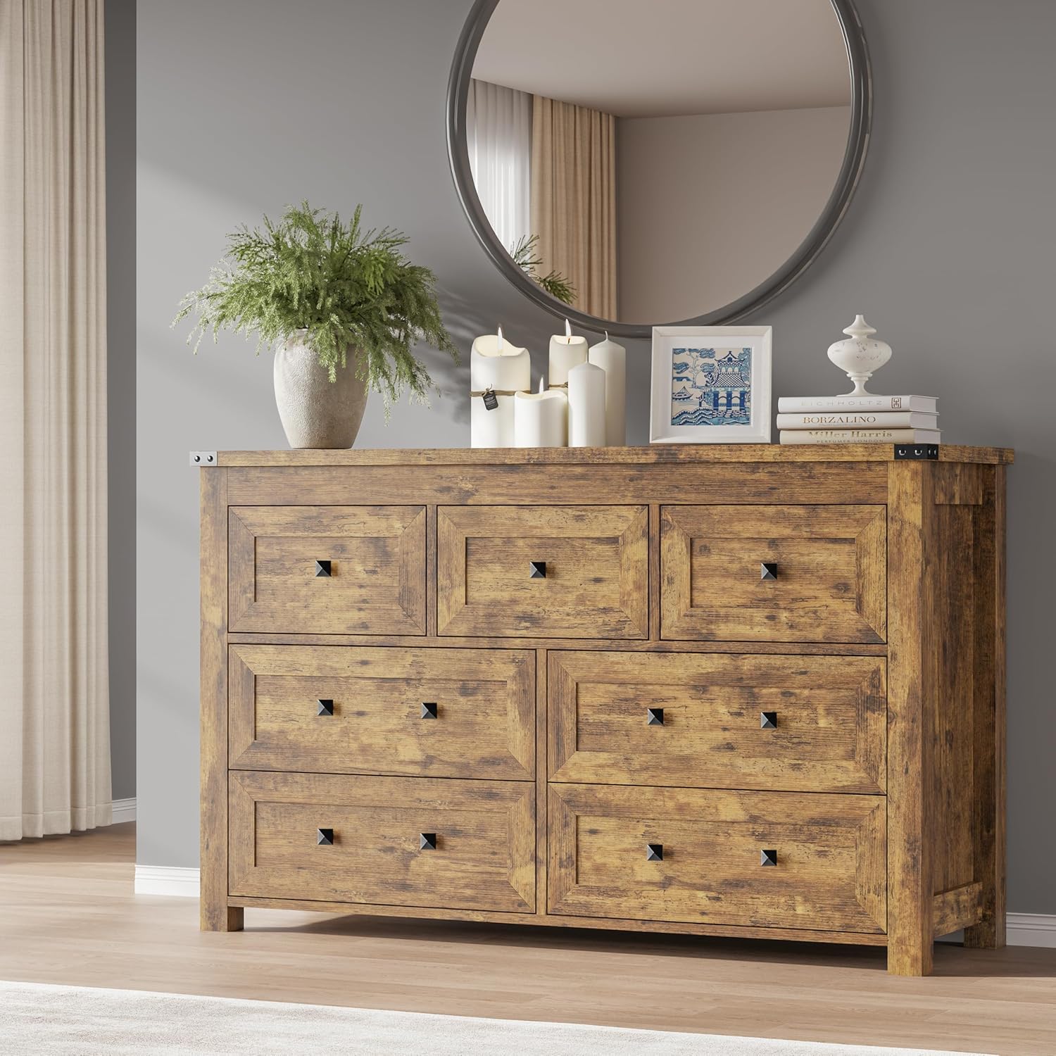 FANRAL Dresser for Bedroom with 6 Drawers, Metal Handle Closet Storage Cabinet,Wide TV Stand Chests of Drawers, Dresser