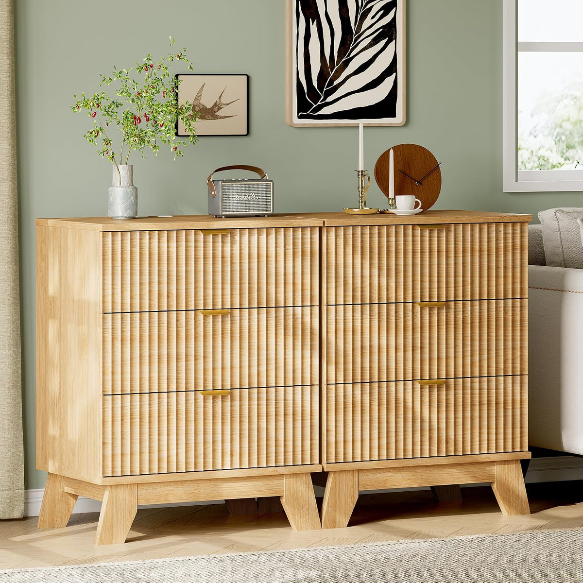 FANRAL 3 Large Drawer Nightstand,30" Tall Night Stand,24" Wide Side Table, Fluted Bedside Table Modern End Table Small Dresser for Bedroom, Nightstand