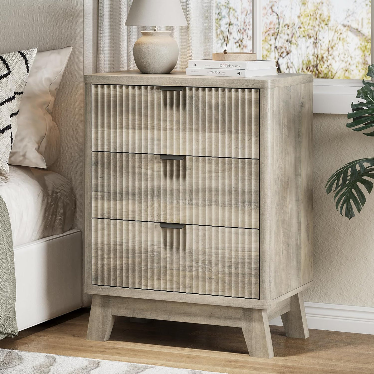 FANRAL 3 Large Drawer Nightstand,30" Tall Night Stand,24" Wide Side Table, Fluted Bedside Table Modern End Table Small Dresser for Bedroom, Nightstand