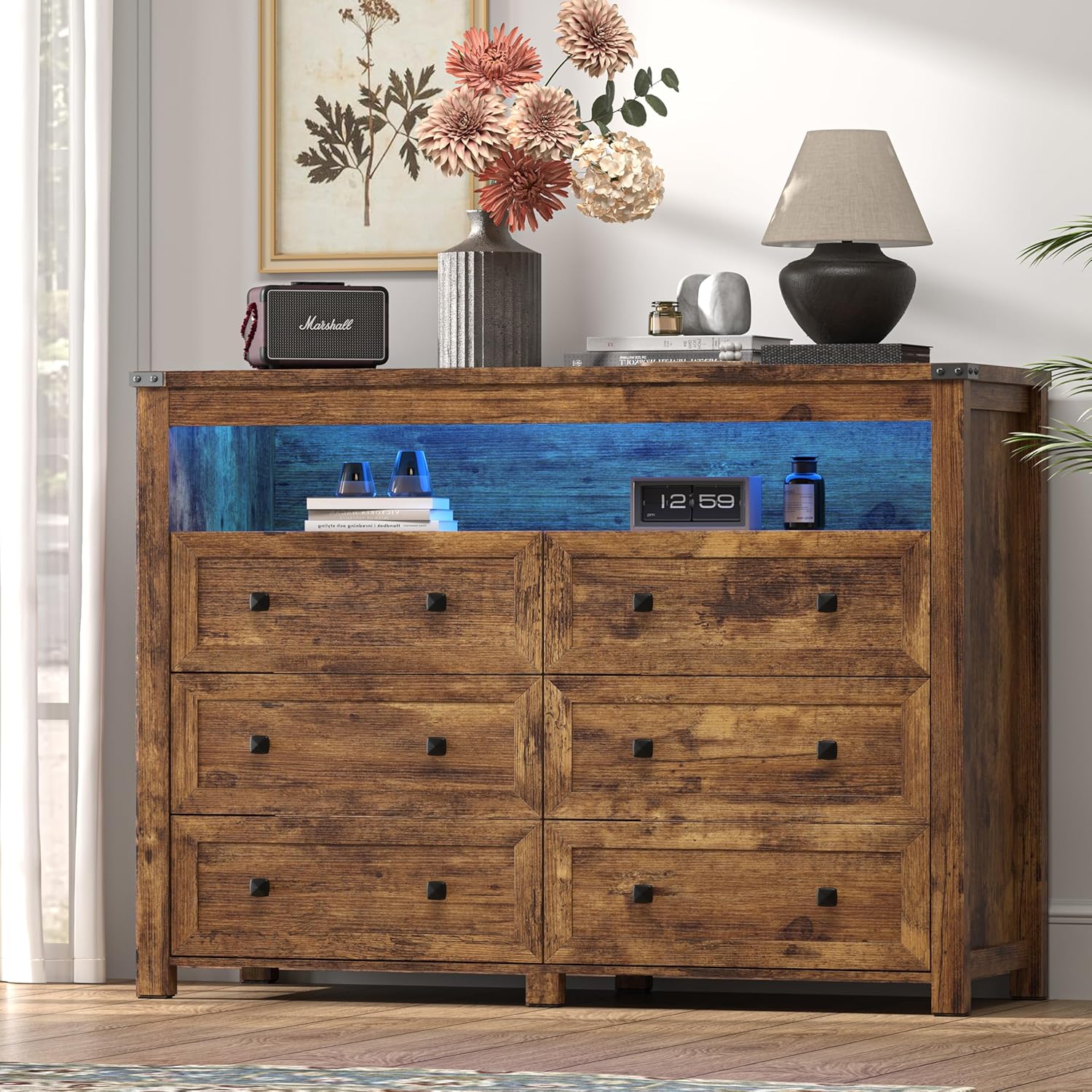 FANRAL Dresser for Bedroom with 6 Drawers, Metal Handle Closet Storage Cabinet,Wide TV Stand Chests of Drawers, Dresser