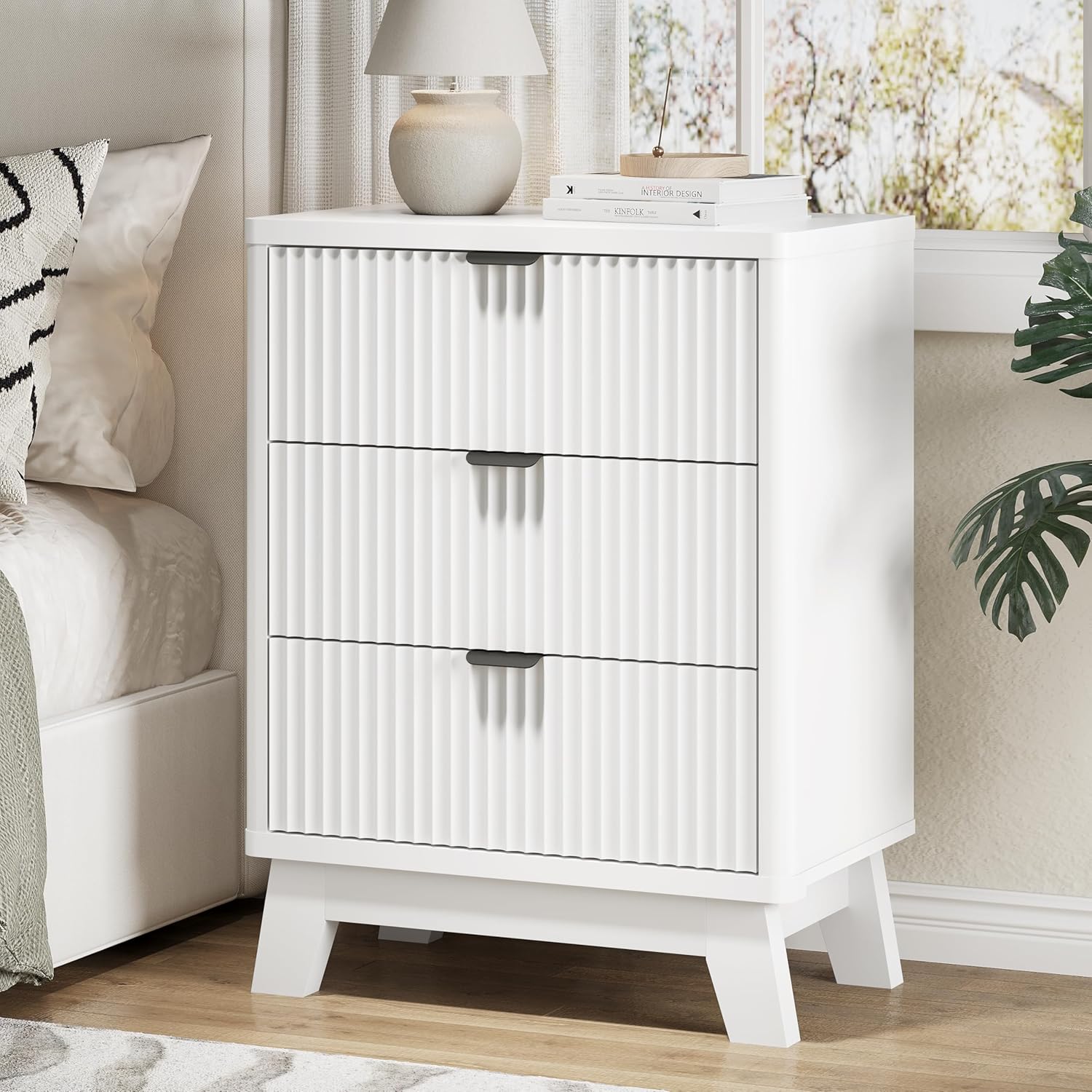 FANRAL Set of 2 Fluted 3 Drawer Nightstands,Modern Bedside Tables with Anti-Tip Safety Design, End Tables for Bedroom Living Room, Night Stand