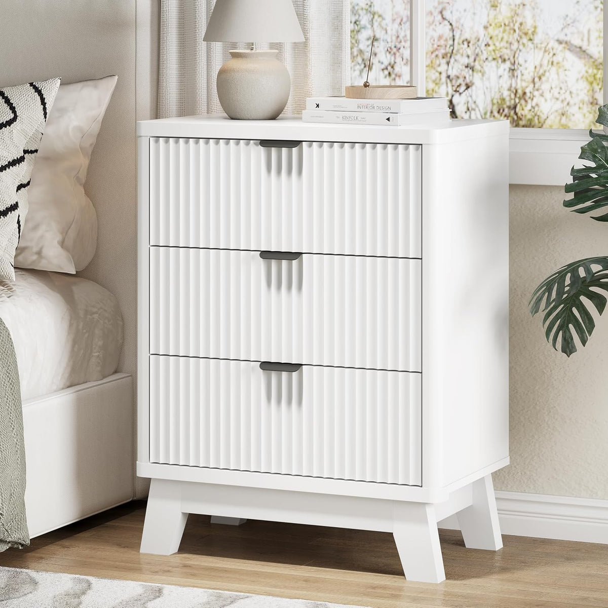 FANRAL 3 Large Drawer Nightstand,30" Tall Night Stand,24" Wide Side Table, Fluted Bedside Table Modern End Table Small Dresser for Bedroom, Nightstand
