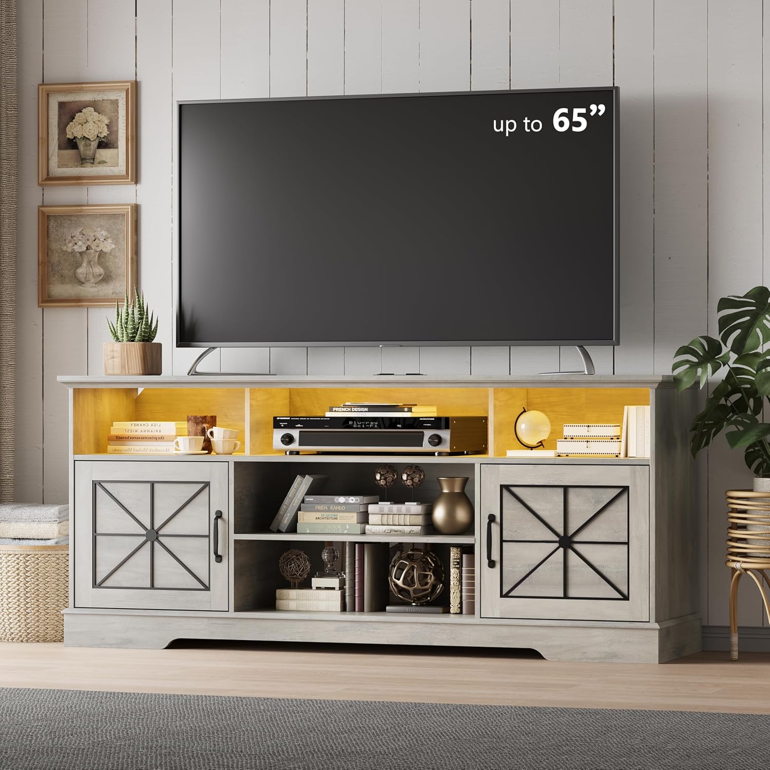 FANRAL Farmhouse TV Stand with Sliding Barn Doors,Rustic Entertainment Center for 65 Inch TV,Media Console with Storage Cabinets & Cable Holes for Living Room, TV Stand