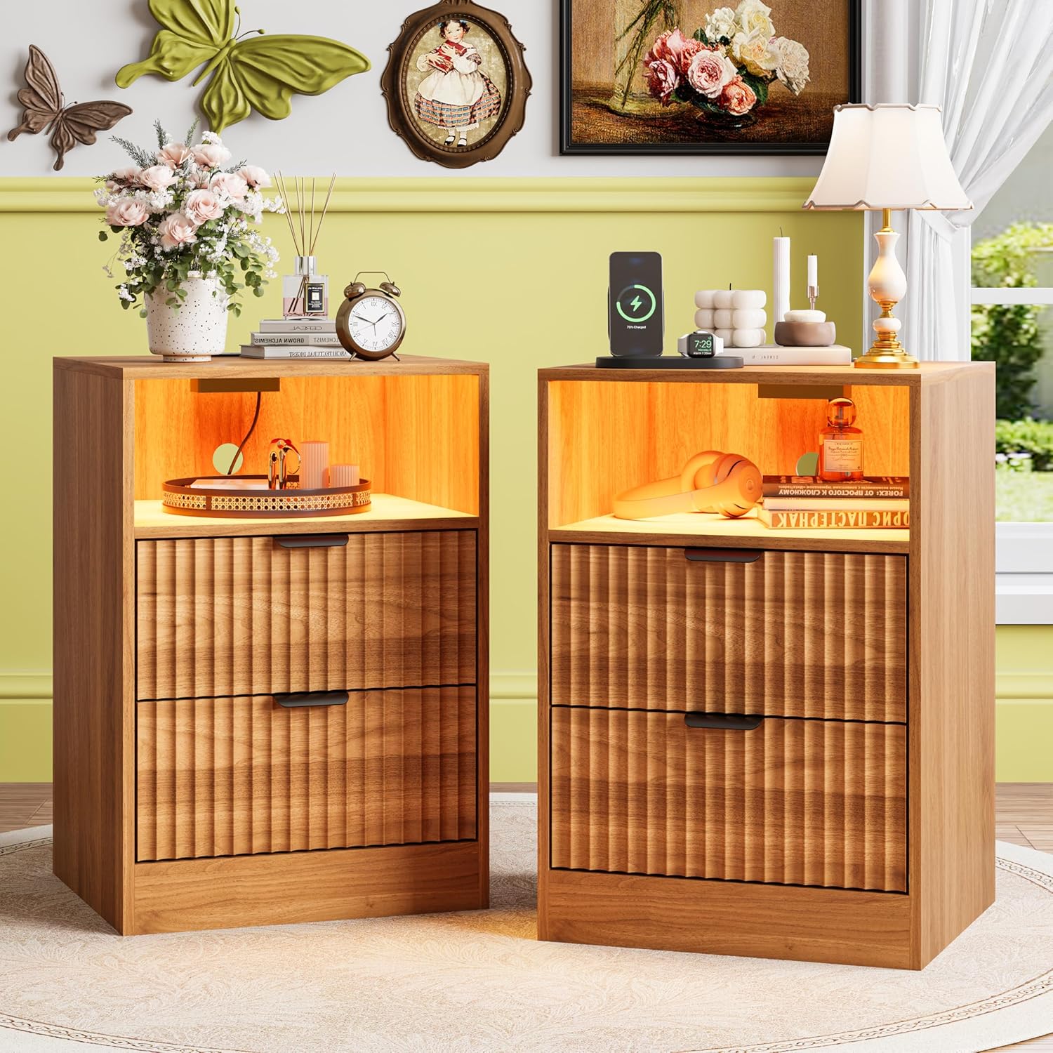 FANRAL Nightstand Set of 2,LED Nightstands with Charging Station,Fluted Design Bedside Table with RGB LED Lighting,Mid Century Modern Small Dresser with Storagee, Night Stand